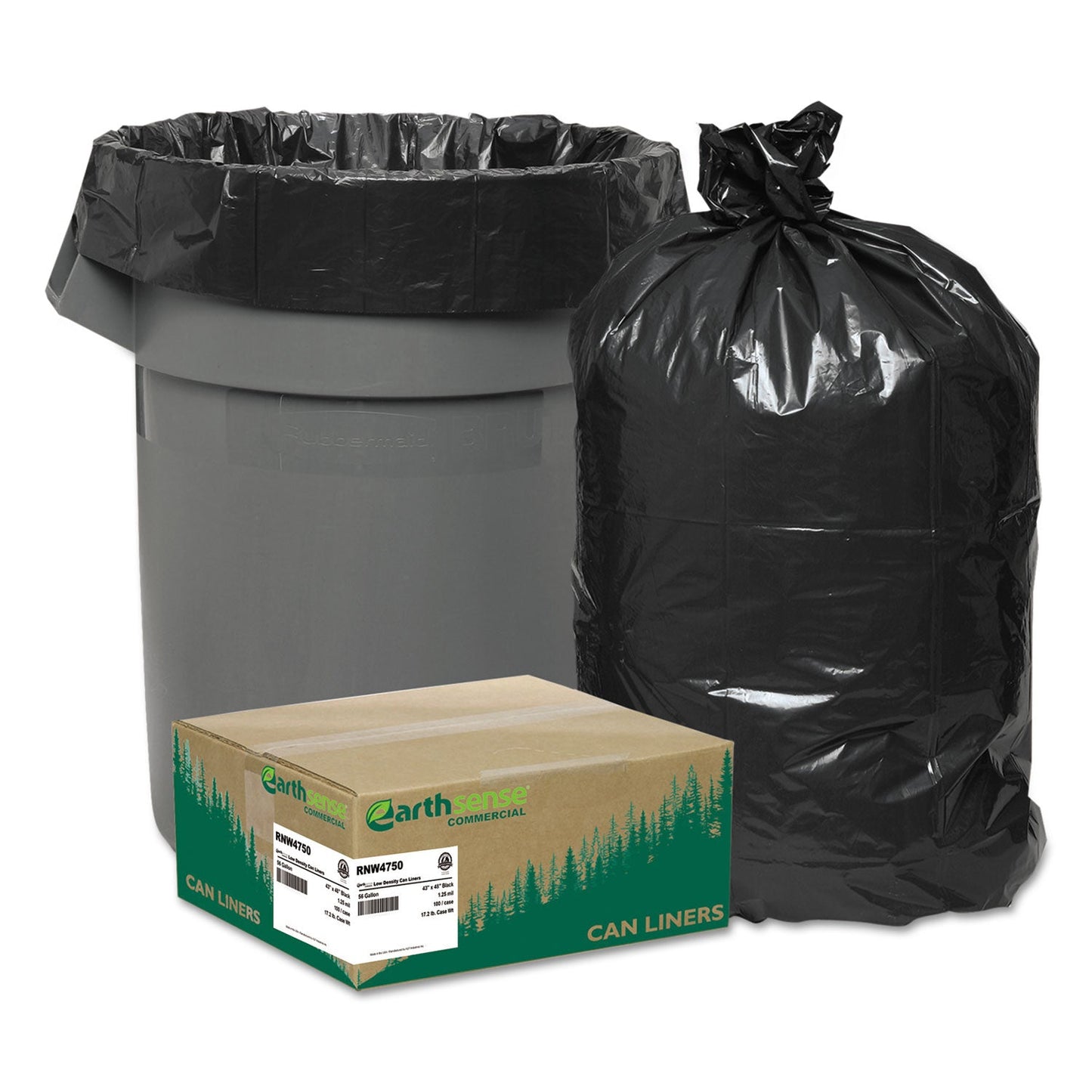Earthsense Linear Low Density Recycled Can Liners, 56 gal, 1.25 mil, 43" x 48", Black, 100/Carton