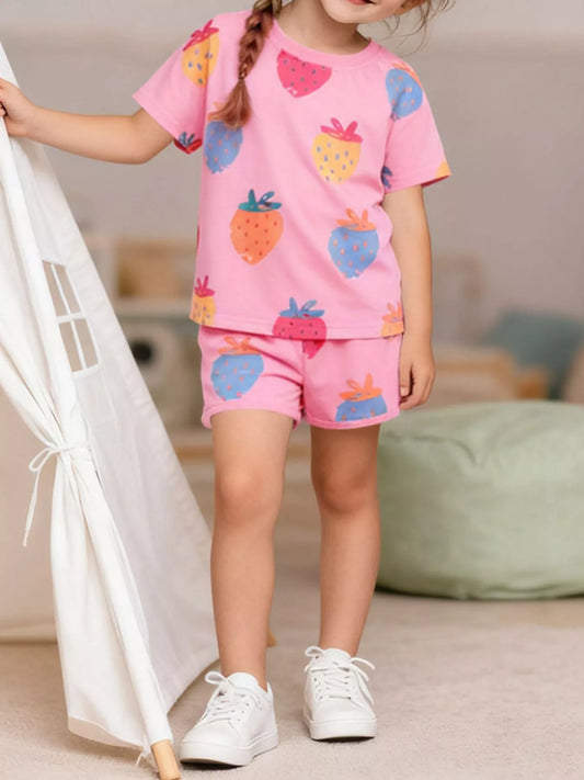 Children's Strawberry Print Round Neck Tee and Shorts Set