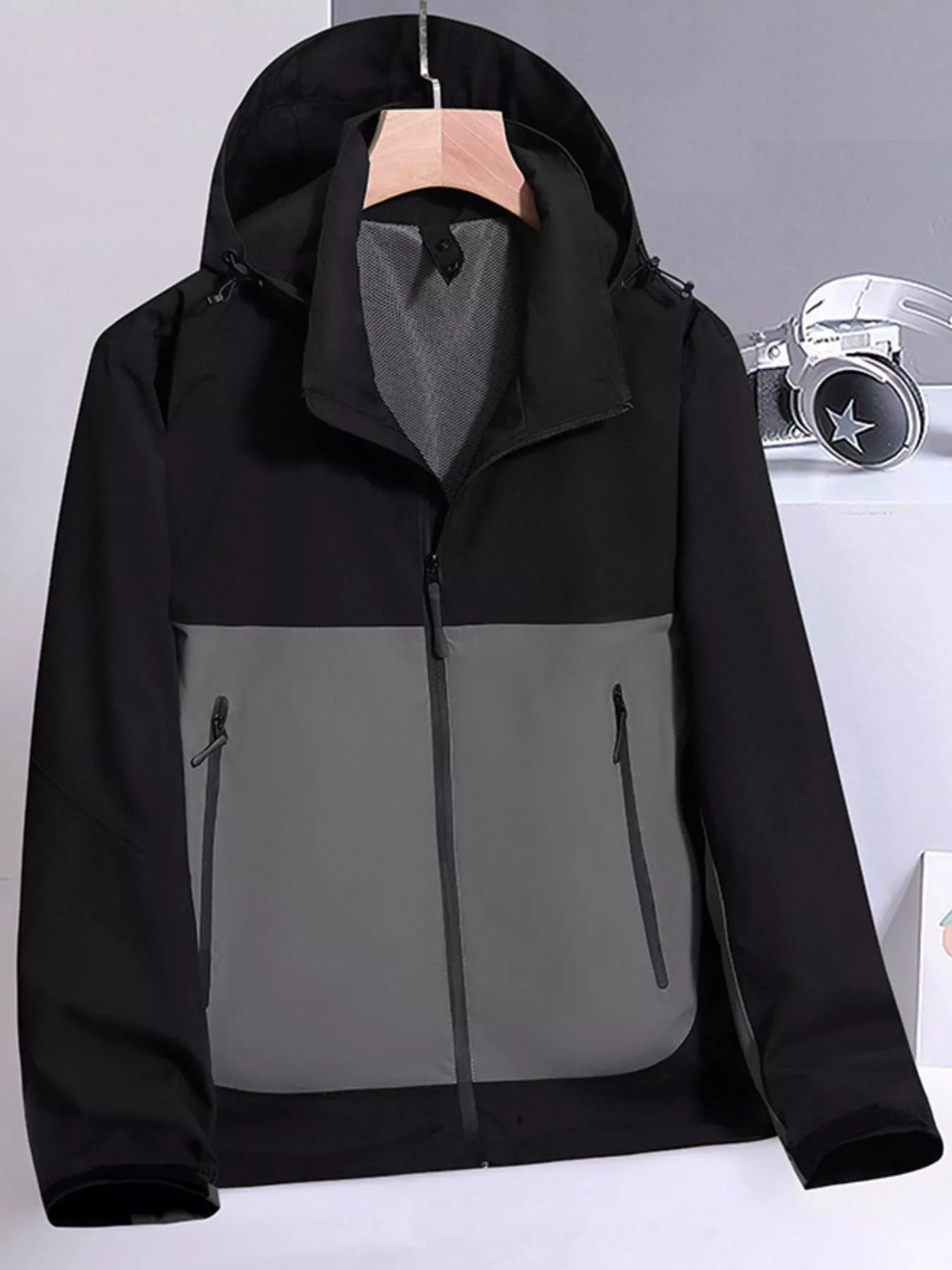 Men's Plus Size Two-Tone Lightweight Hooded Windbreaker Jacket