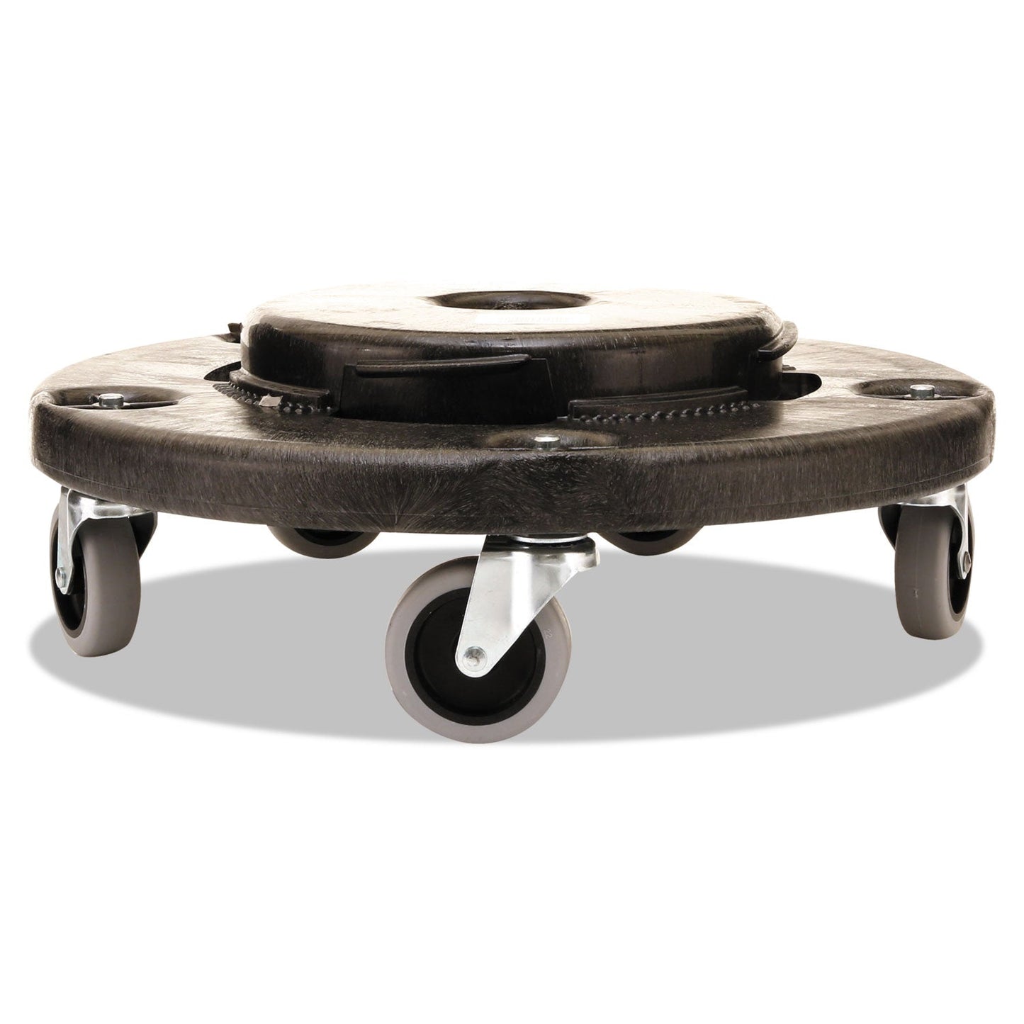 Rubbermaid Brute Round Twist On/Off Dolly, 250 lb Capacity, 18" dia x 6.63"h, Fits 20 to 55 Gallon BRUTE Containers, Black