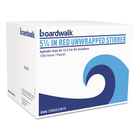 Boardwalk Single-Tube Stir-Straws,5.25", Polypropylene, Red, 1,000/Pack, 10 Packs/Carton
