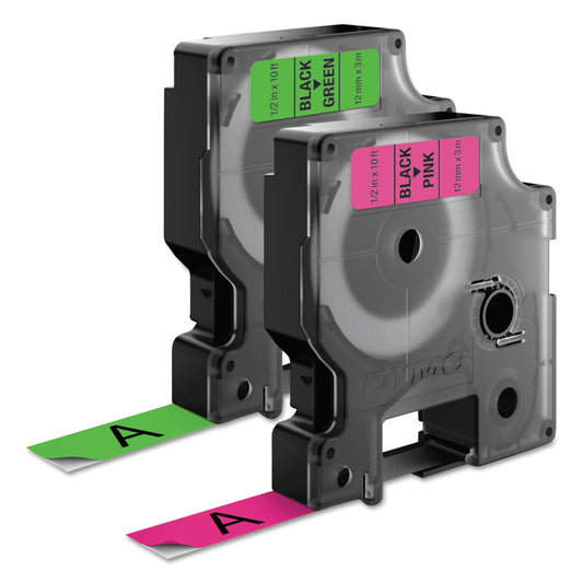 DYMO D1 High-Performance Polyester Perm Label Tape, 0.5" x 10 ft, Black on Neon, 2/Pack