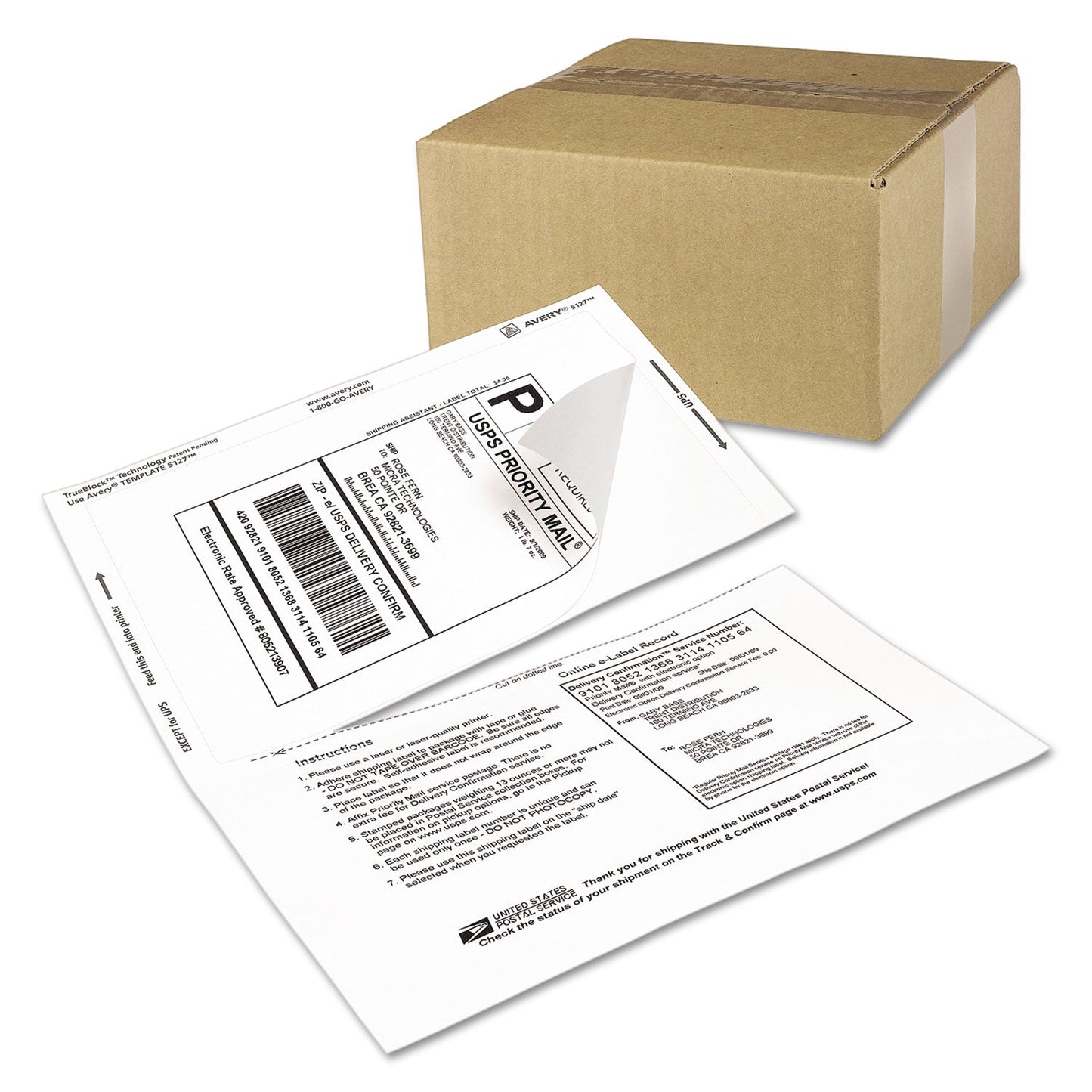 Avery Shipping Labels with Paper Receipt and TrueBlock Technology, Inkjet/Laser Printers, 5.06 x 7.63, White, 50/Pack