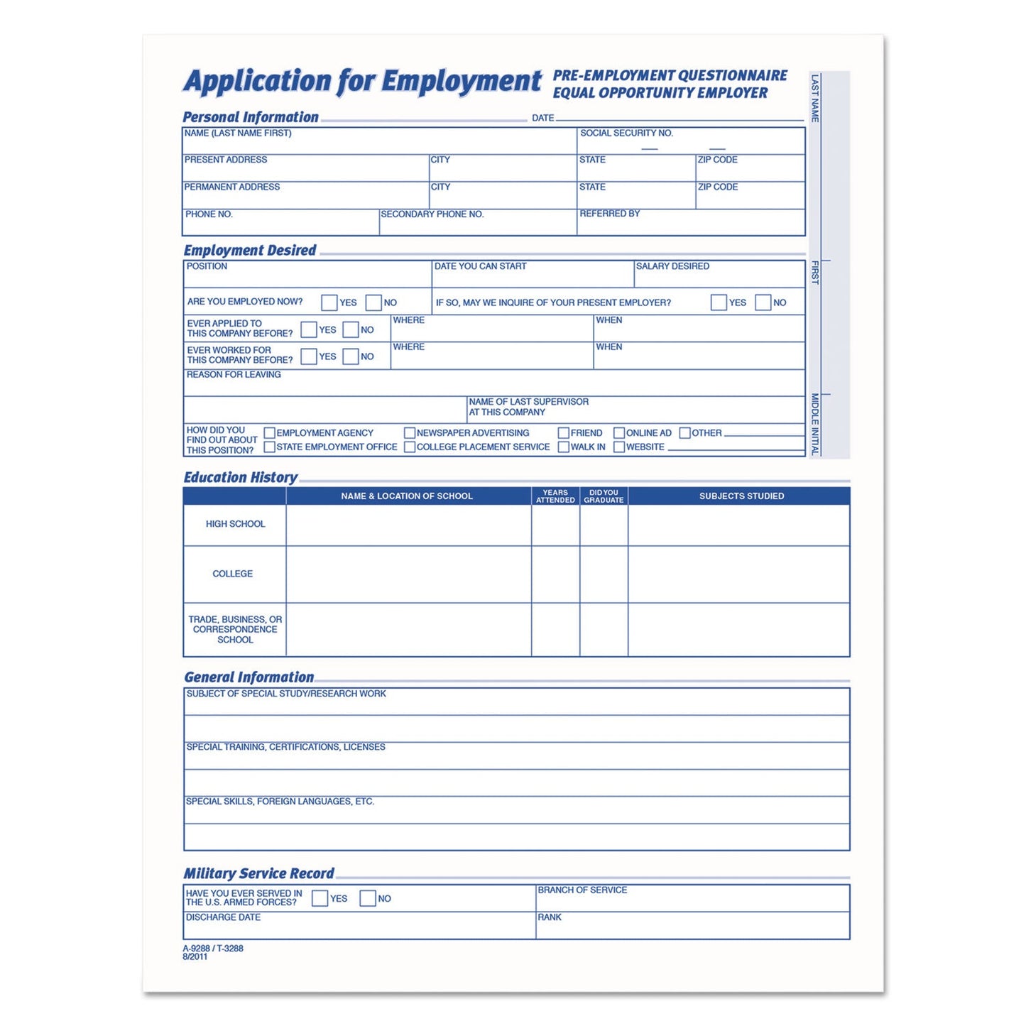TOPS Comprehensive Employee Application Form, 8.5 x 11, 1/Page, 25 Forms