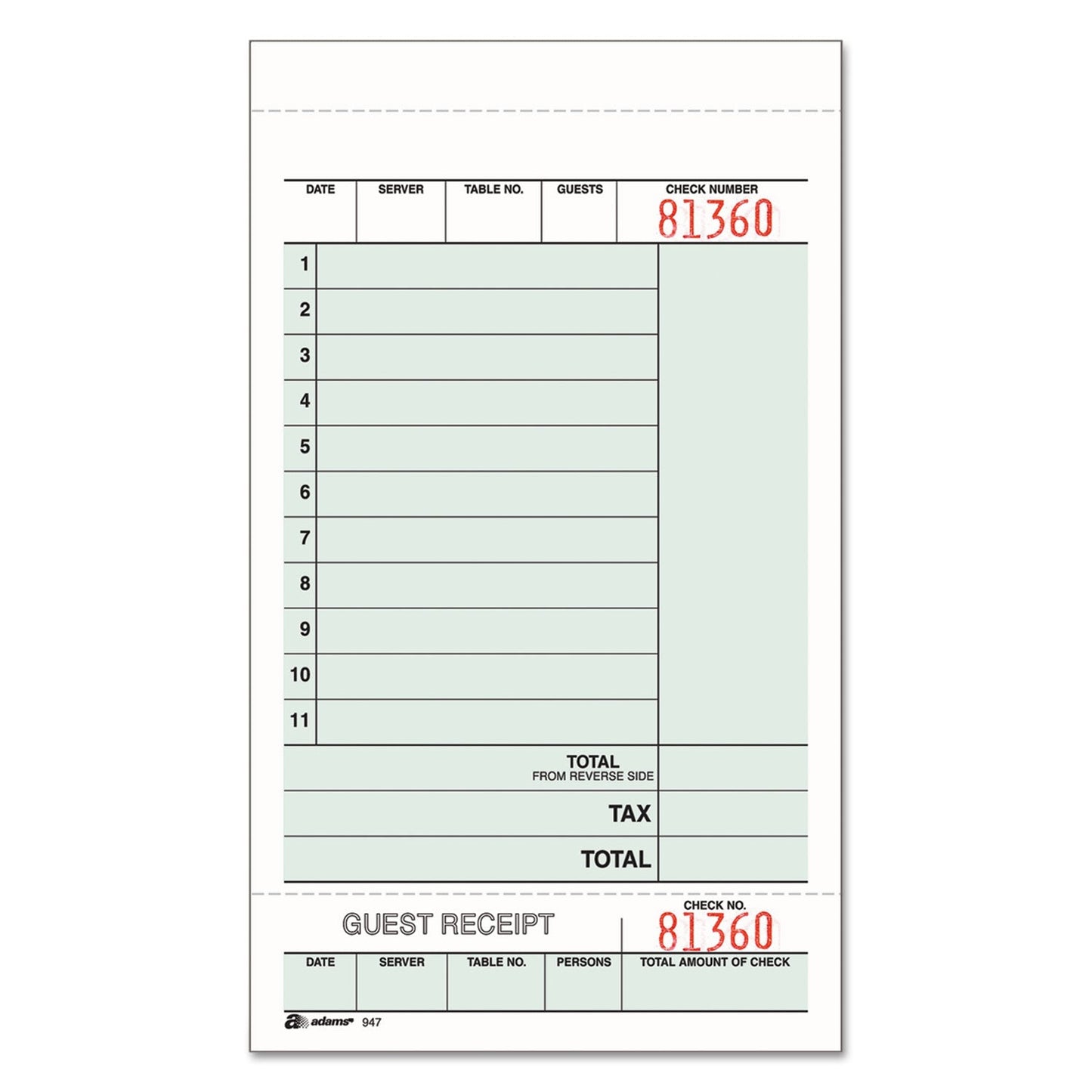 Adams Guest Check Unit Set, Two-Part Carbonless, 6.75 x 4.25, 1/Page, 250/Pack