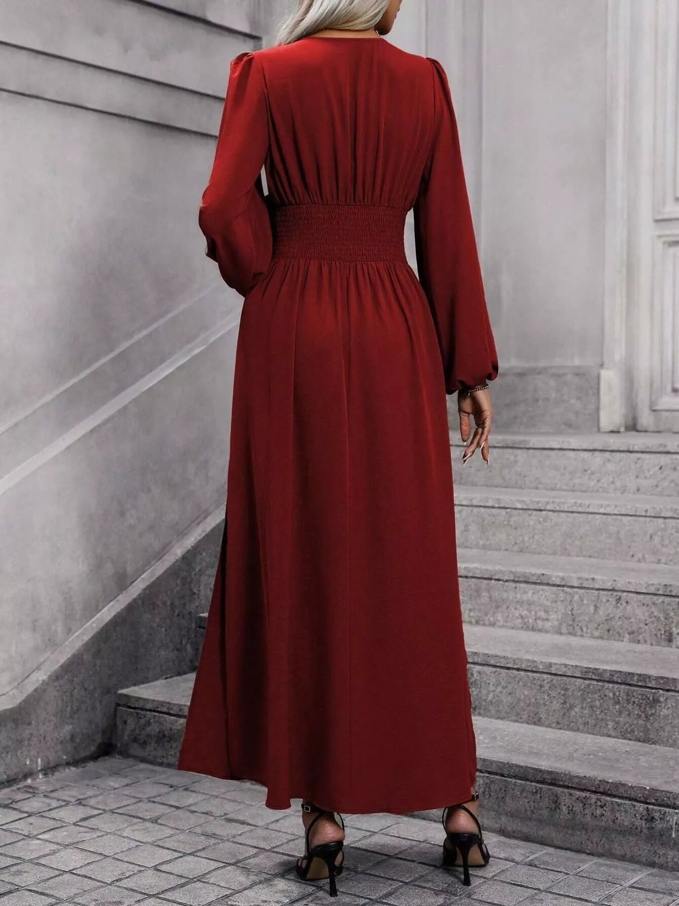 Slit Balloon Sleeve Midi Dress