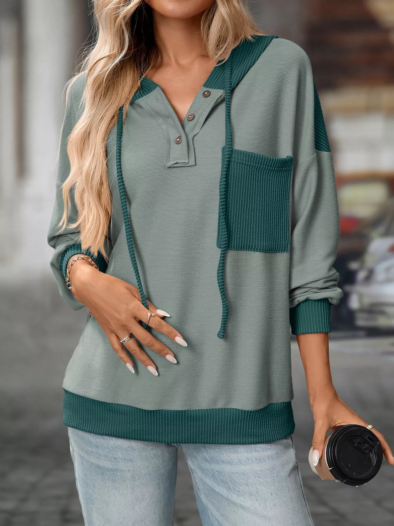 Casual Color Block Button Detail Hoodie