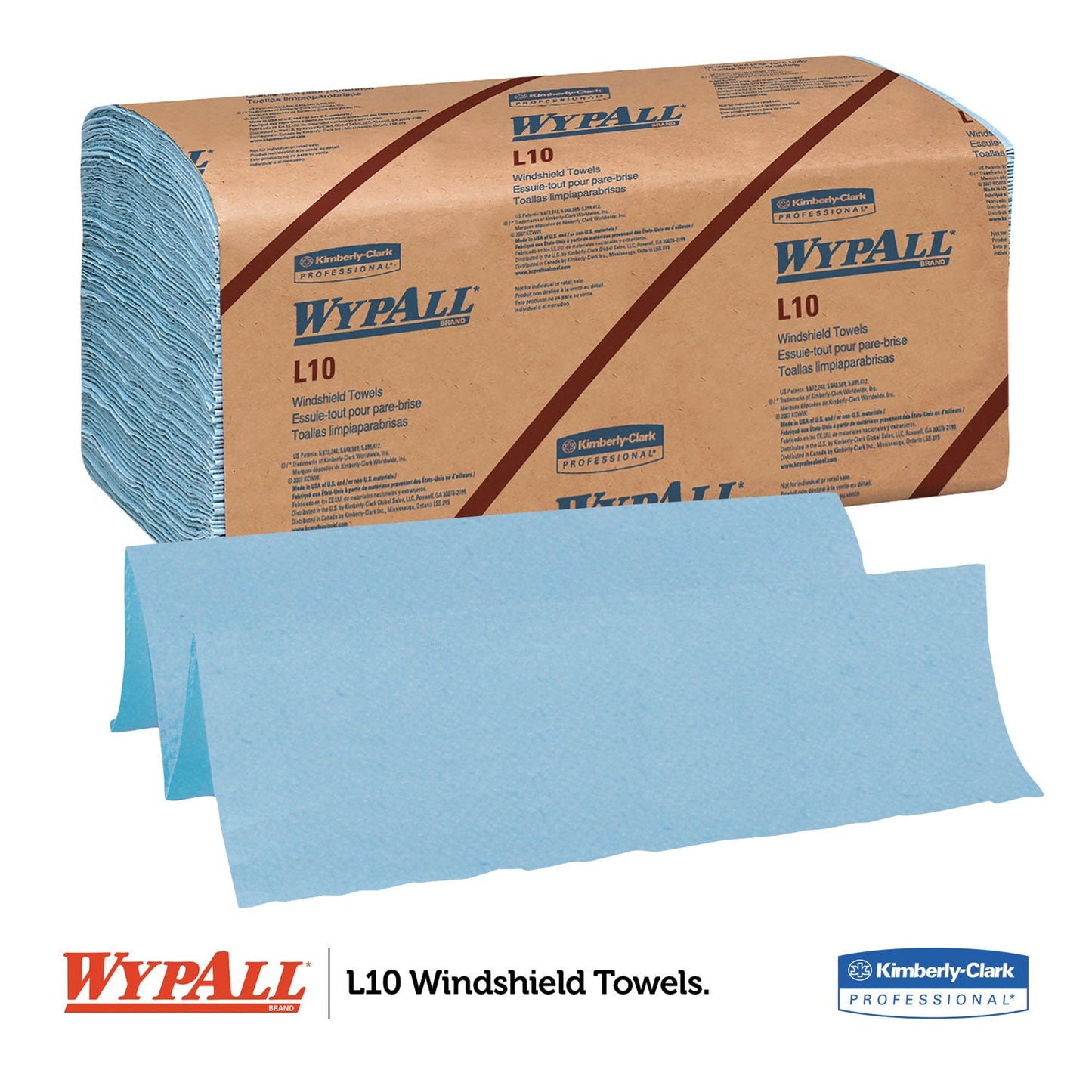 WypAll L10 Windshield Wipers, Banded, 2-Ply, 9.38 x 10.25, Light Blue, 140/Pack, 16 Packs/Carton