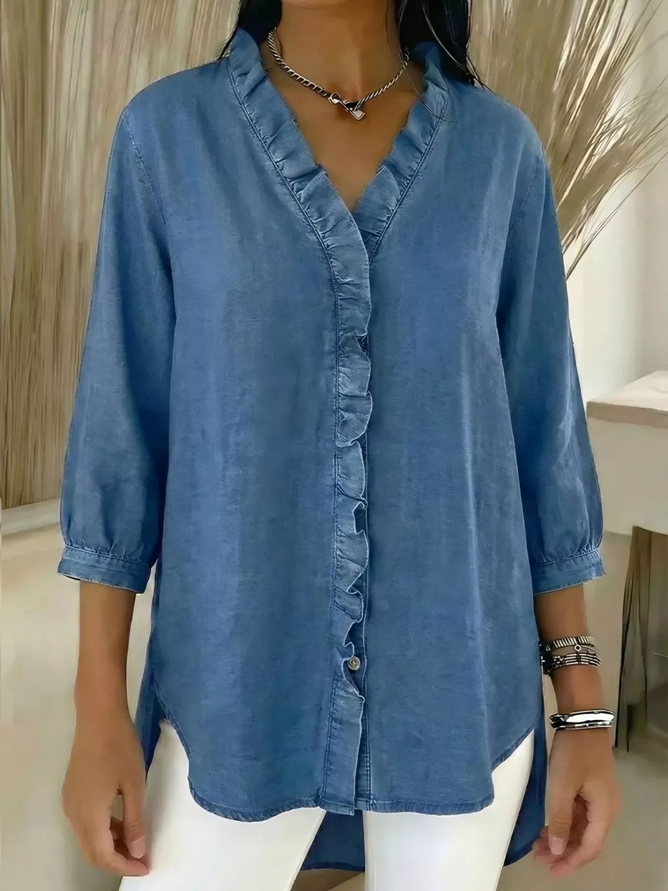 Full Size V-Neck Ruffled Button Down Shirt Plus Size