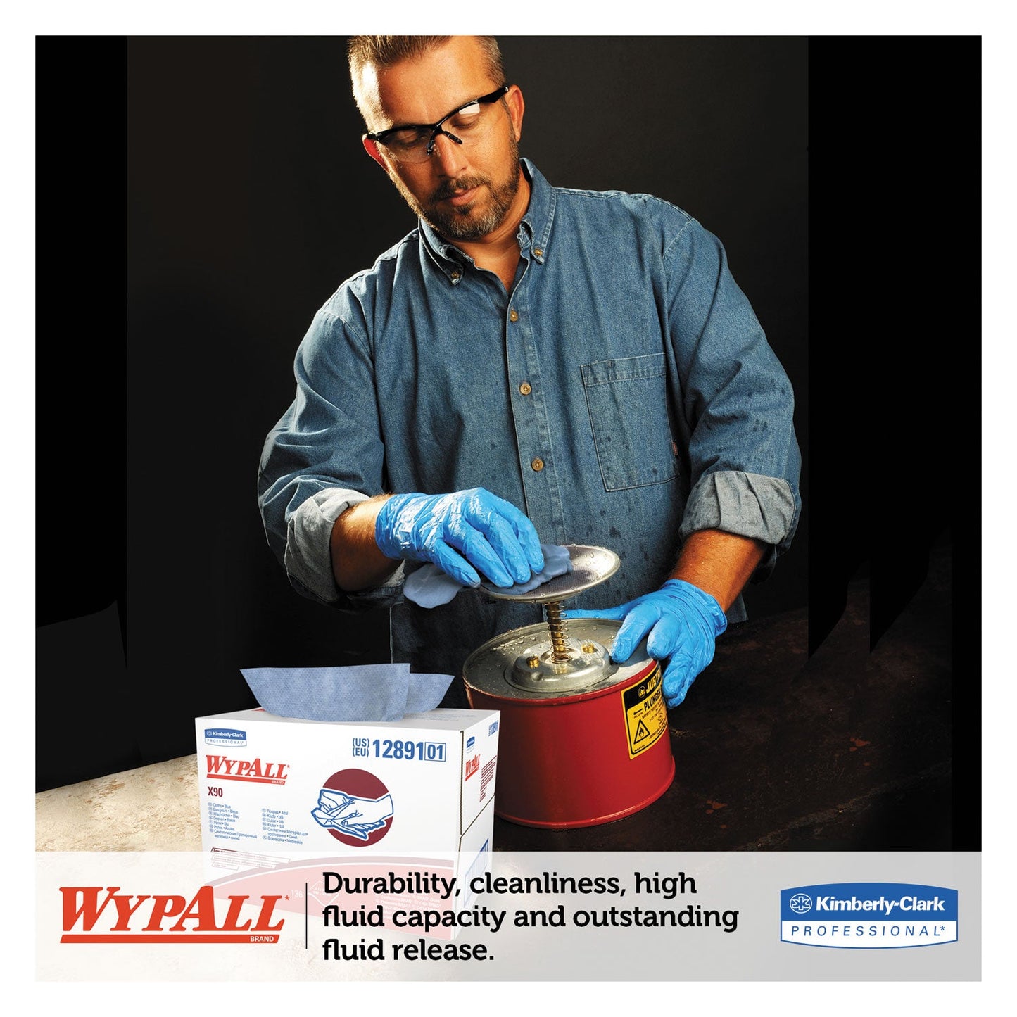 WypAll X90 Cloths, BRAG Box, 2-Ply, 11.1 x 16.8, Denim Blue, 136/Carton