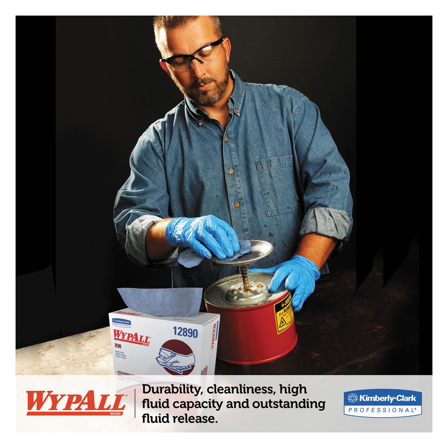 WypAll X90 Cloths, POP-UP Box, 2-Ply, 8.3 x 16.8, Denim Blue, 68/Box, 5 Boxes/Carton