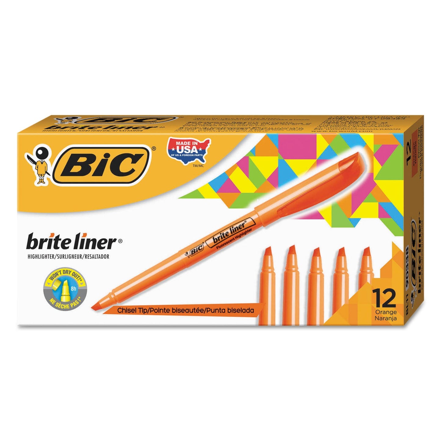 BIC Brite Liner Highlighter, Fluorescent Orange Ink, Chisel Tip, Orange/Black Barrel, Dozen