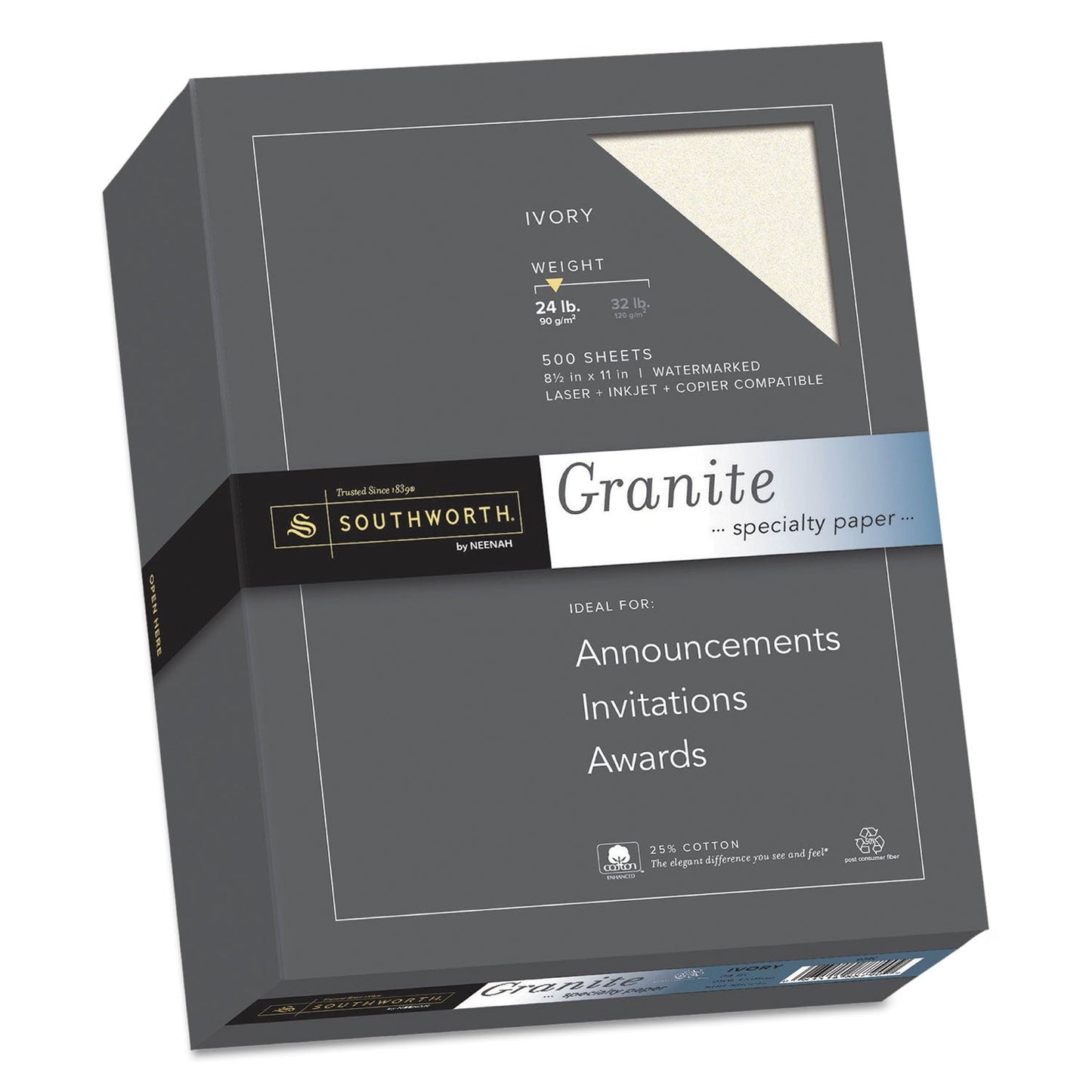 Southworth Granite Specialty Paper, 24 lb Bond Weight, 8.5 x 11, Ivory, 500/Ream