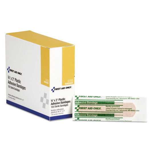 First Aid Only Plastic Adhesive Bandages, 3 x 0.75, 100/Box