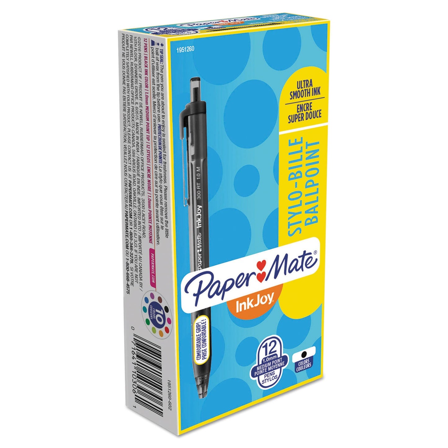 Paper Mate InkJoy 300 RT Ballpoint Pen, Refillable, Retractable, Medium 1 mm, Black Ink, Black Barrel, Dozen
