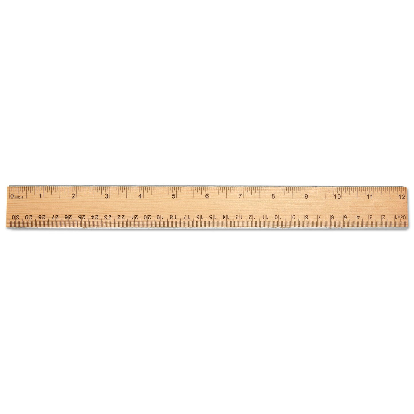 Universal Flat Wood Ruler w/Double Metal Edge, Standard, 12" Long, Clear Lacquer Finish