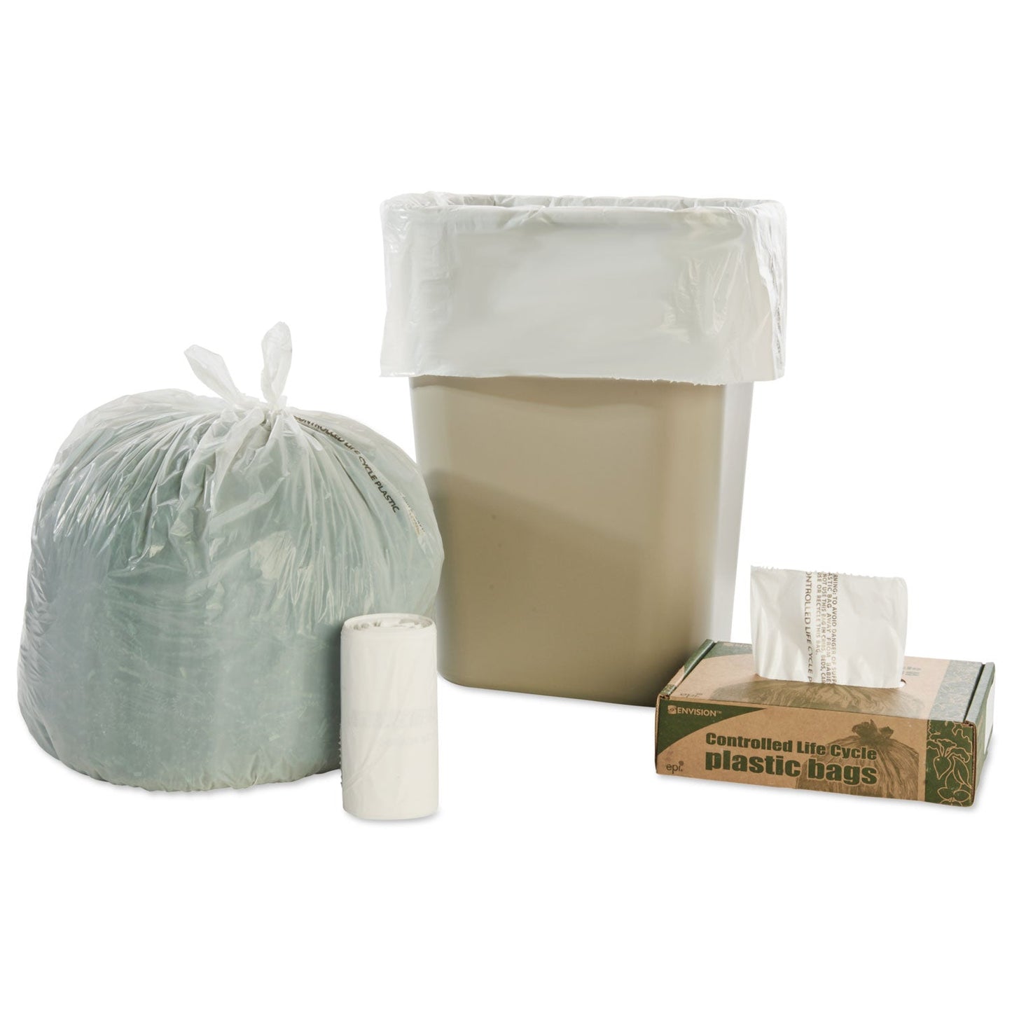 Stout Controlled Life-Cycle Plastic Trash Bags, 13 gal, 0.7 mil, 24" x 30", White, 120/Box