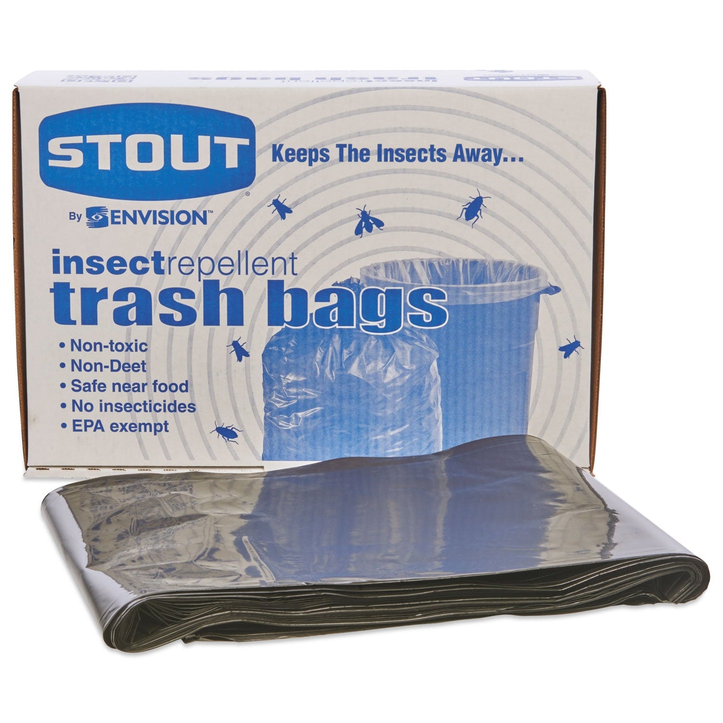 Stout Insect-Repellent Trash Bags, 45 gal, 2 mil, 40" x 45", Black, 65/Box