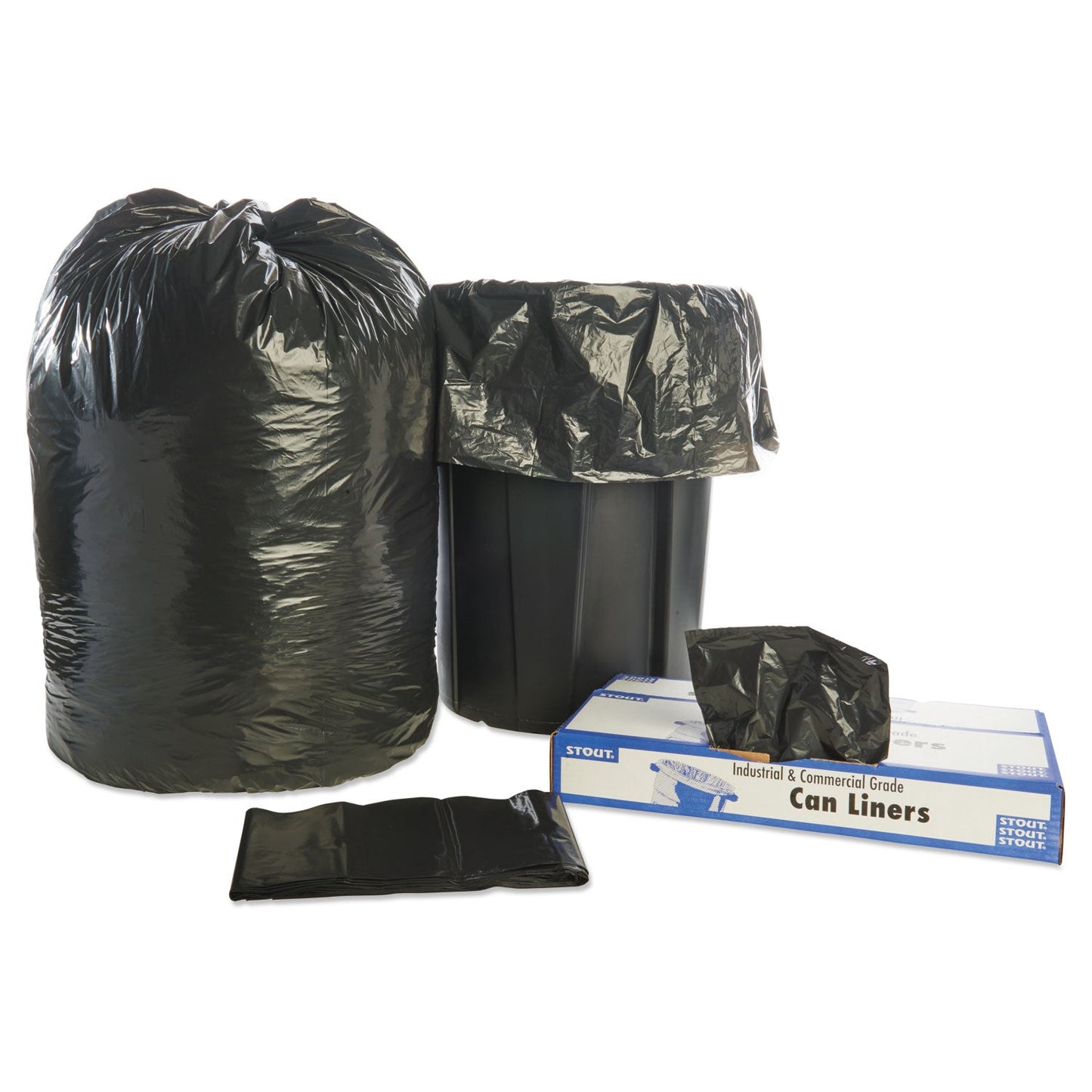 Stout Total Recycled Content Plastic Trash Bags, 65 gal, 1.5 mil, 50" x 51", Brown/Black, 100/Carton