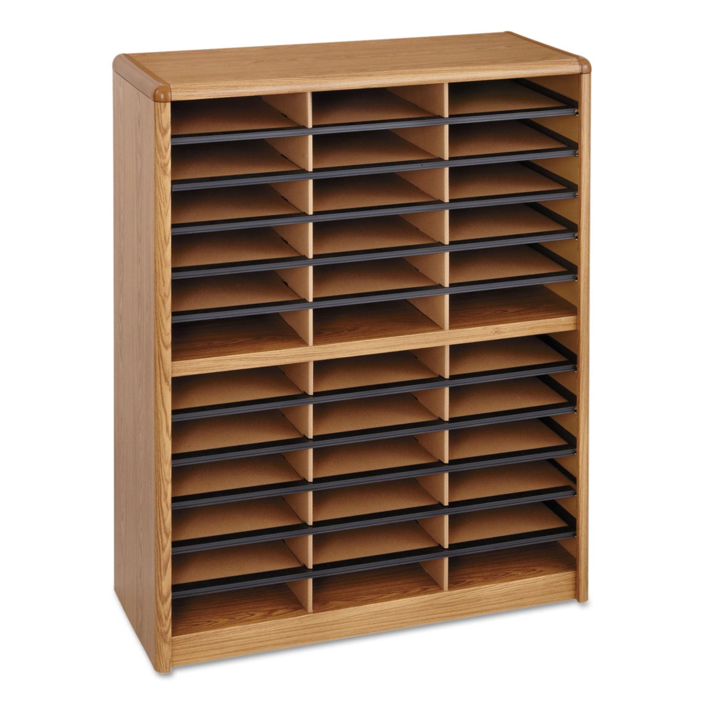 Safco Steel/Fiberboard Literature Sorter, 36 Compartments, 32.25 x 13.5 x 38, Oak