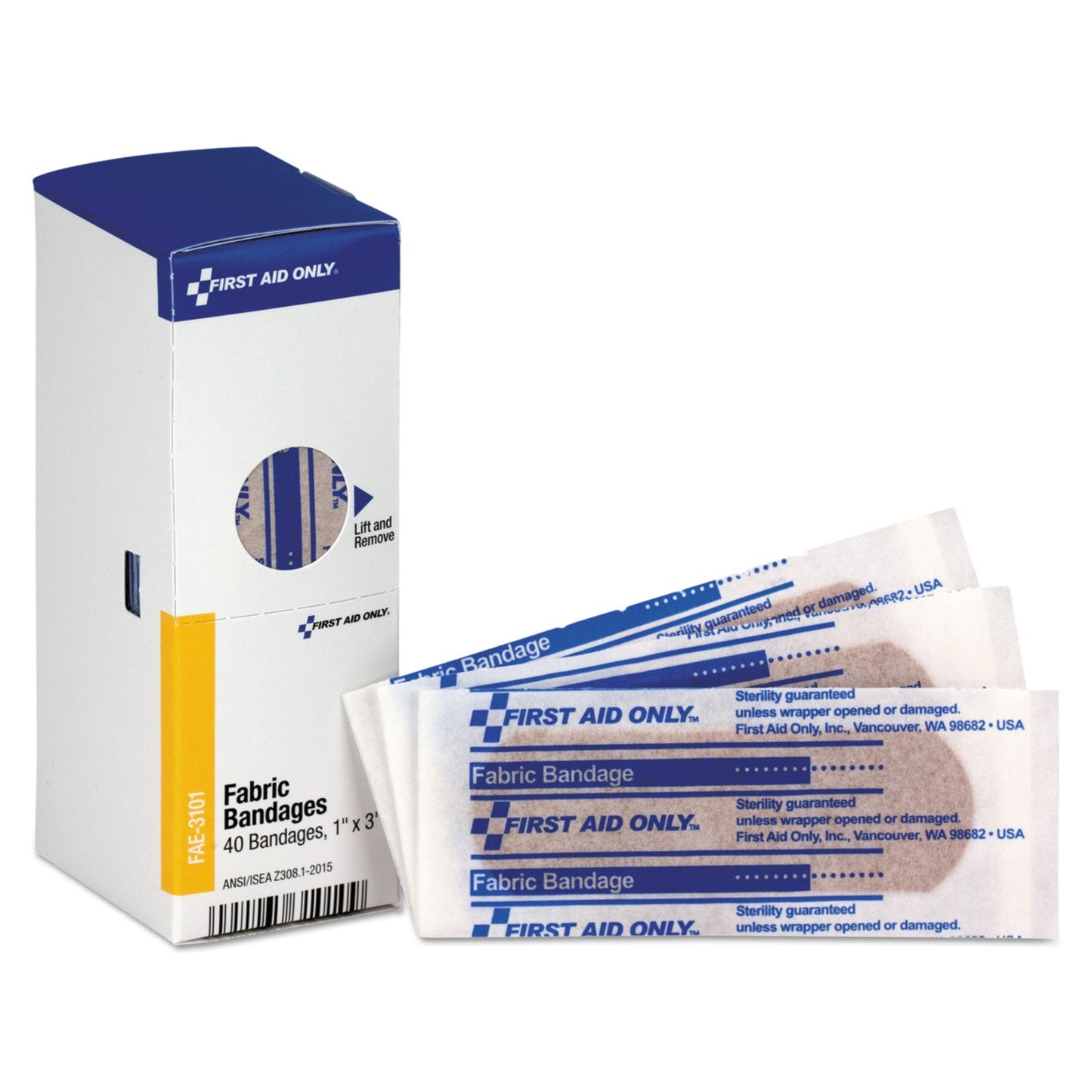 First Aid Only Refill for SmartCompliance General Business Cabinet, Fabric Bandages, 1 x 3, 40/Box