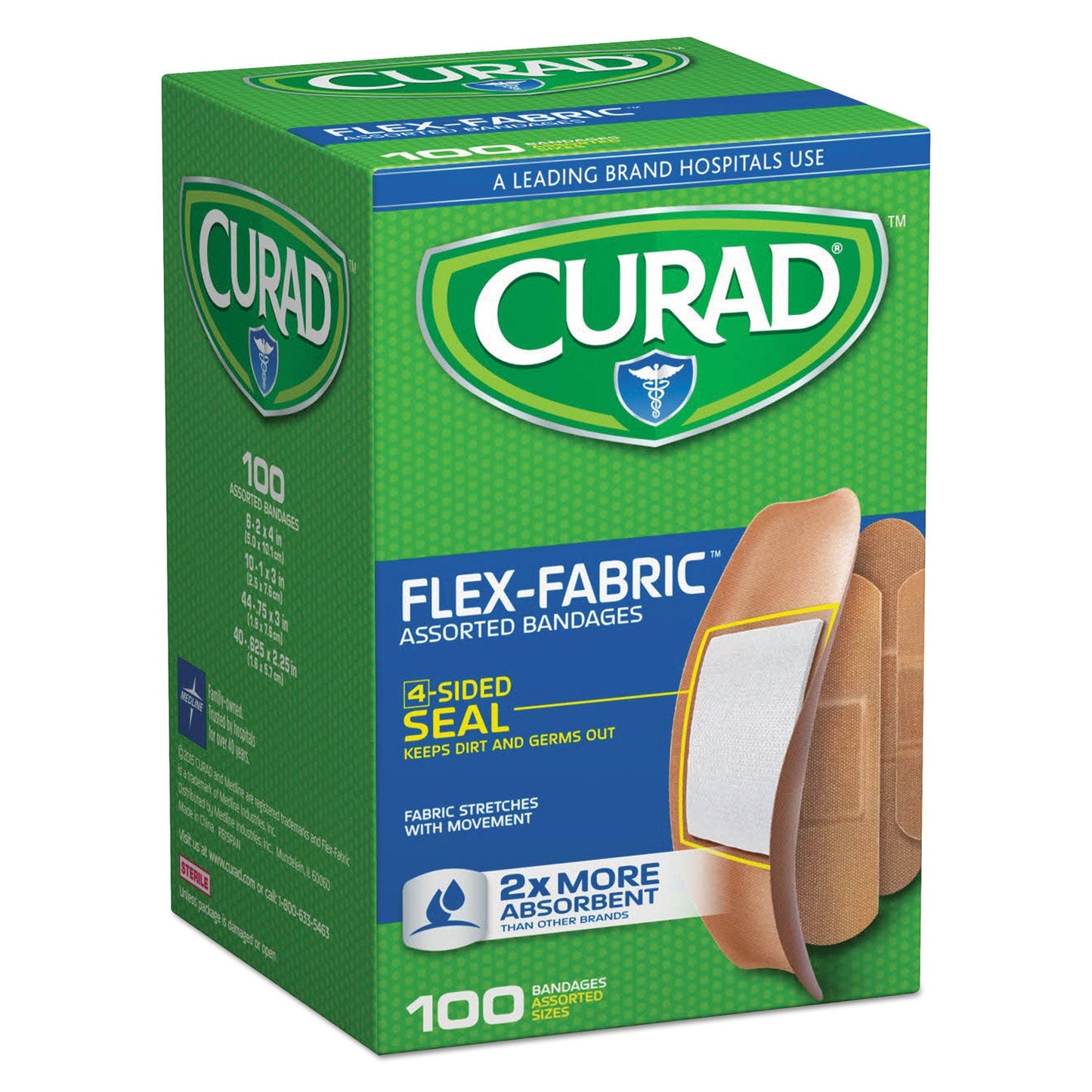 Curad Flex Fabric Bandages, Assorted Sizes, 100/Box