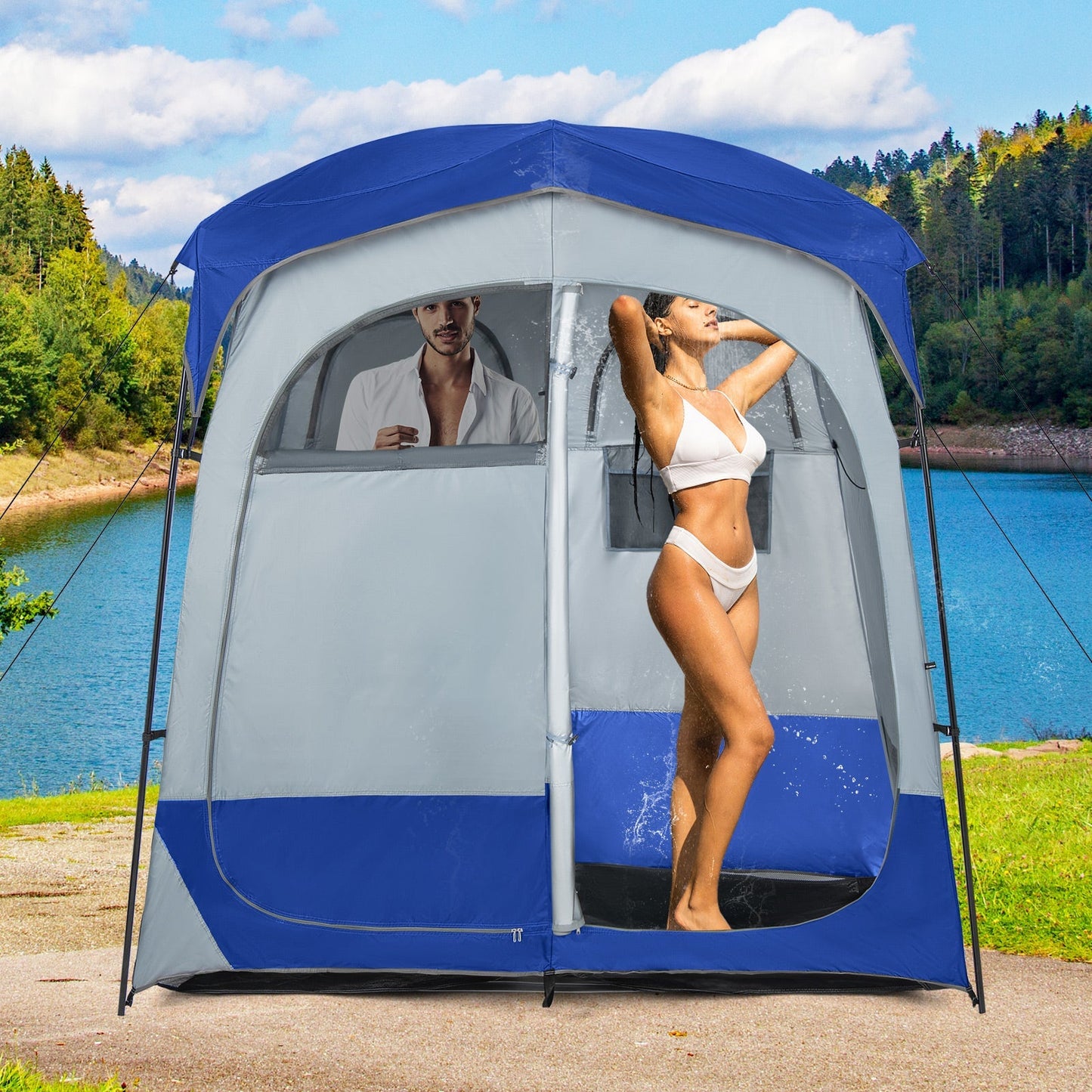 2 Rooms Oversize Privacy Shower Tent with Removable Rain Fly and Inside Pocket