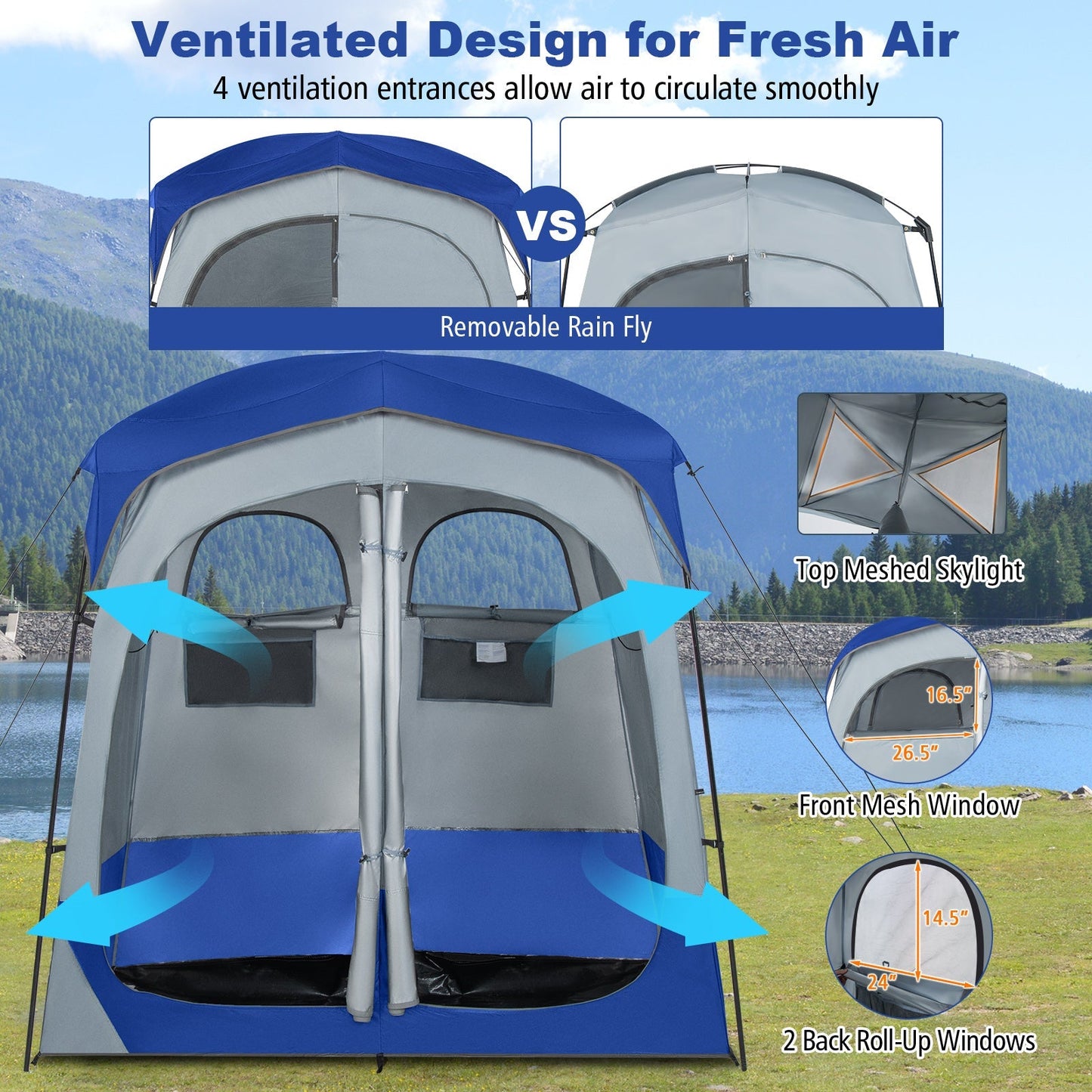 2 Rooms Oversize Privacy Shower Tent with Removable Rain Fly and Inside Pocket