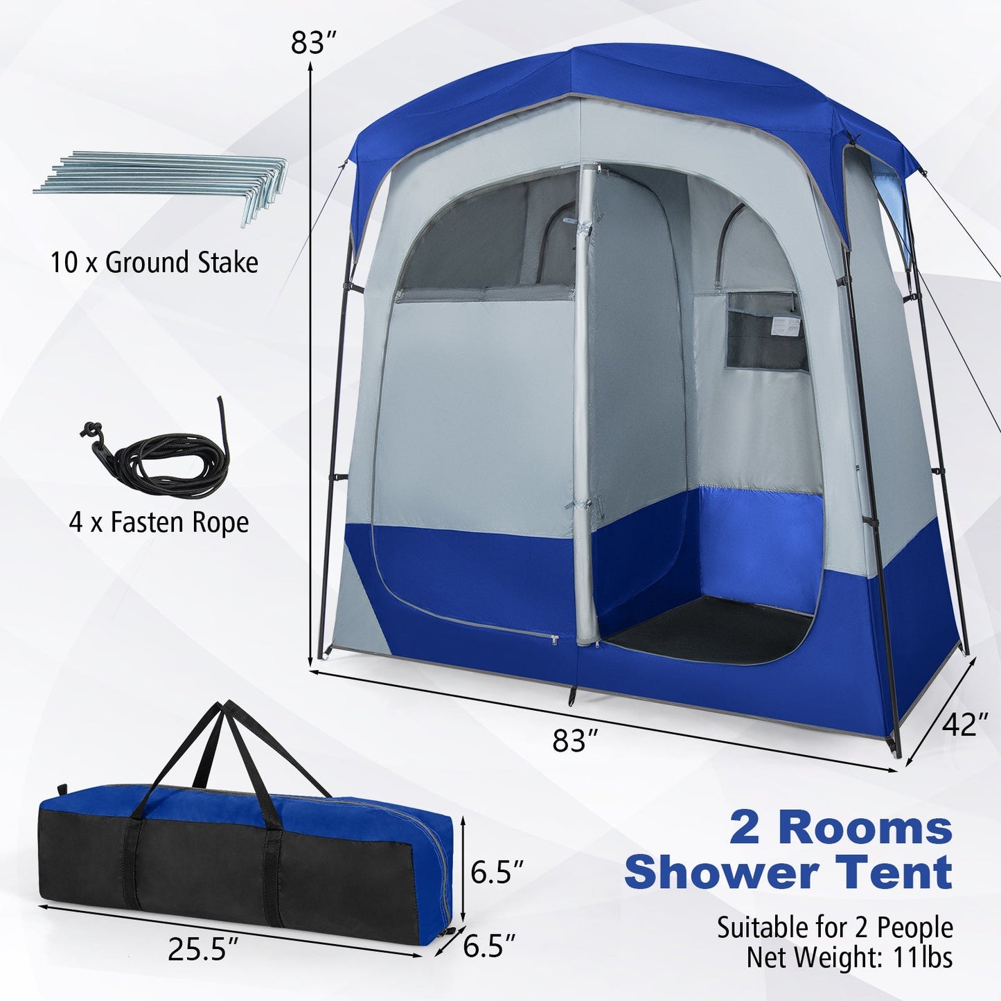 2 Rooms Oversize Privacy Shower Tent with Removable Rain Fly and Inside Pocket