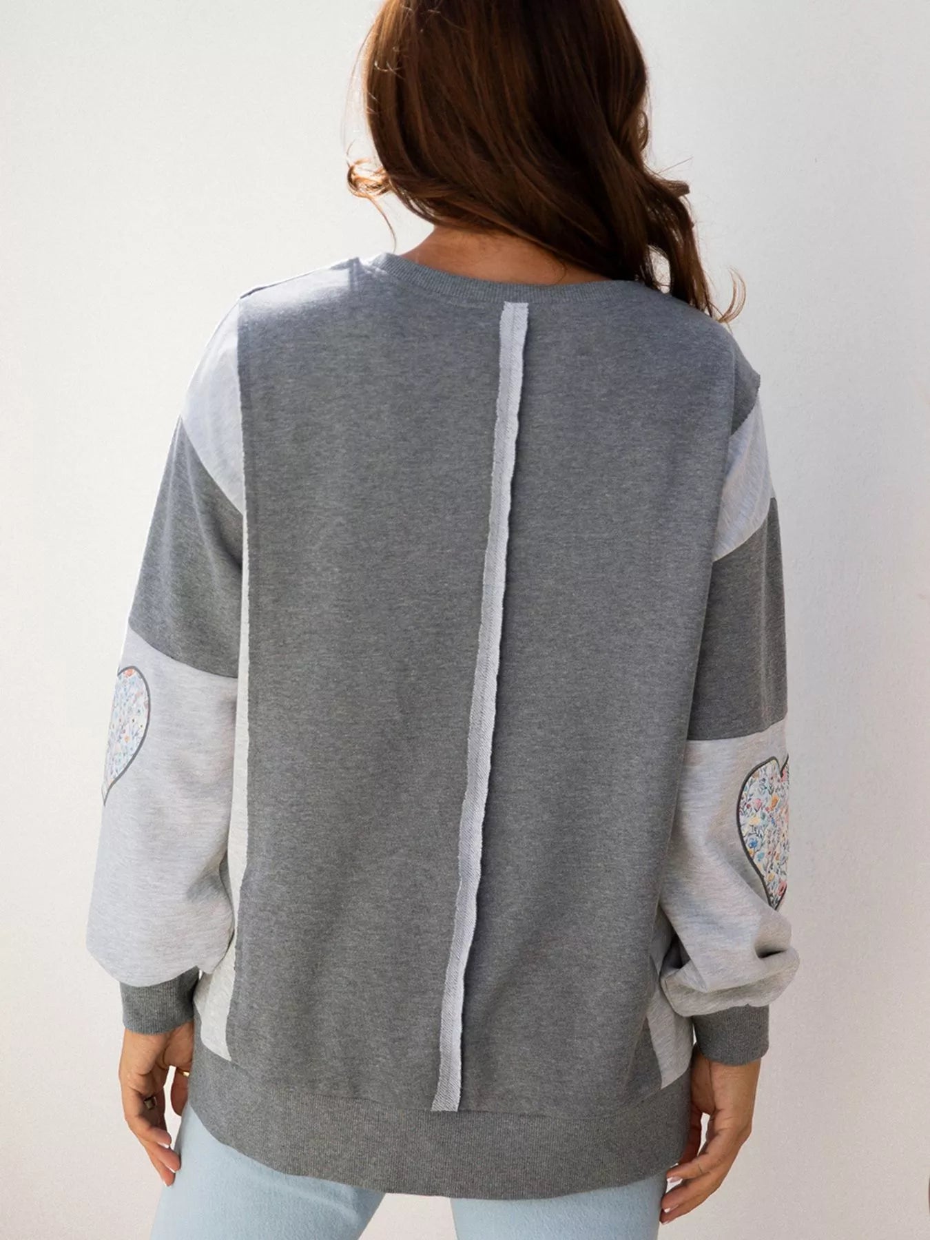 LOVE Graphic Exposed Seam Patchwork Uneven Hem Chic Sweatshirt