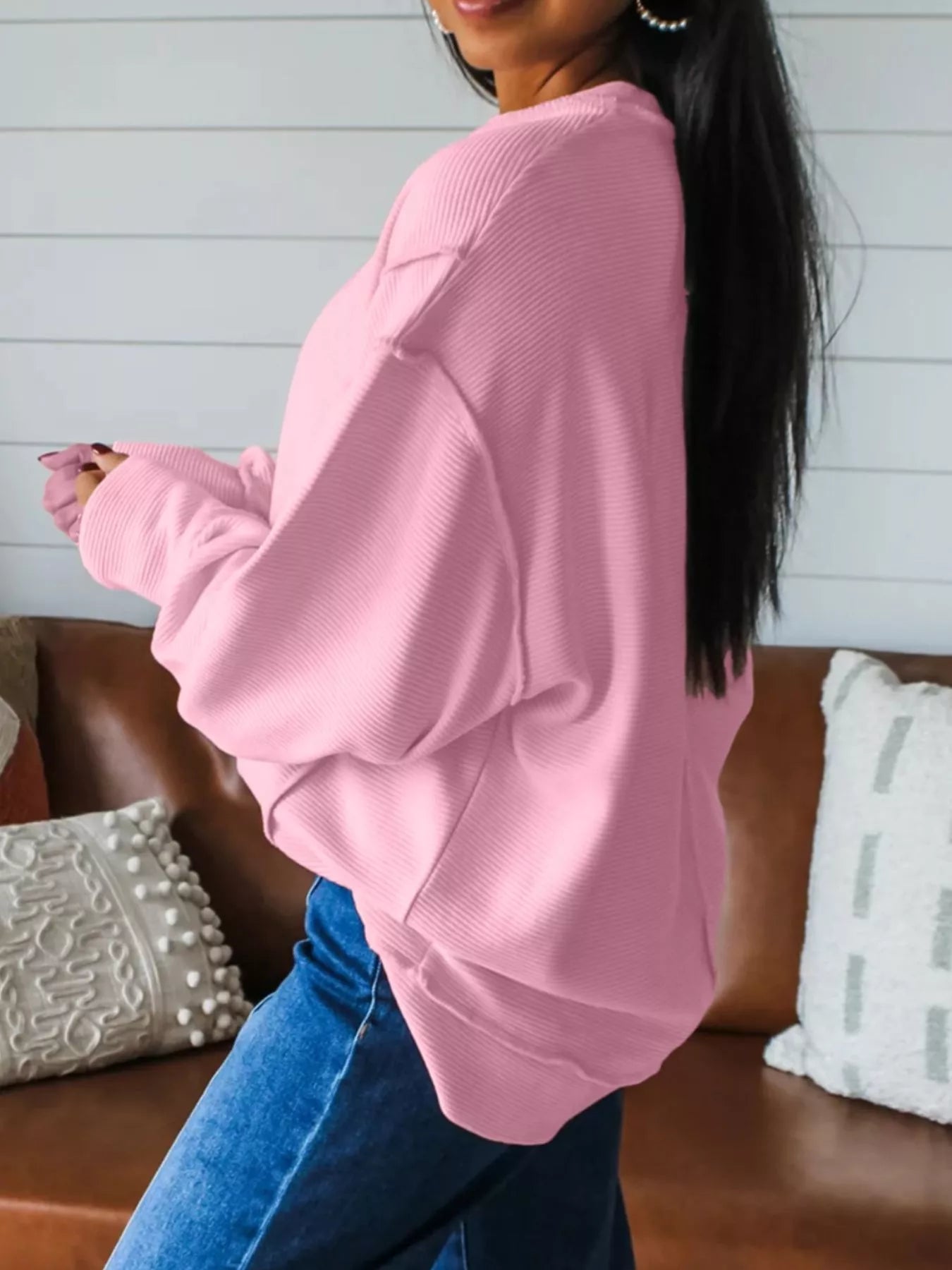 Horizontal Ribbed Exposed Seam Detail Drop Shoulder Baggy Pullover