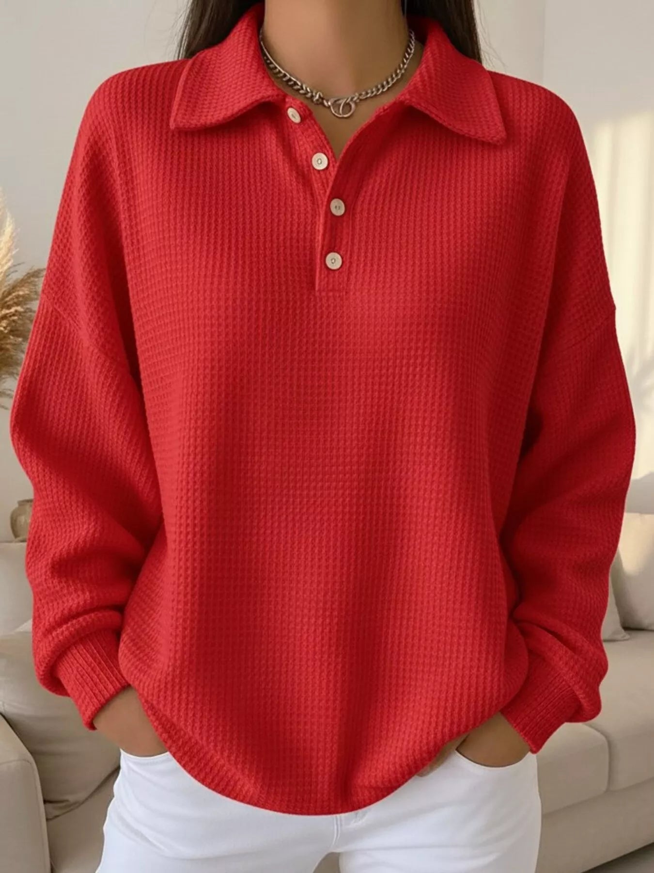 Full Size Waffle Knit Button Detail Sweatshirt Plus Size