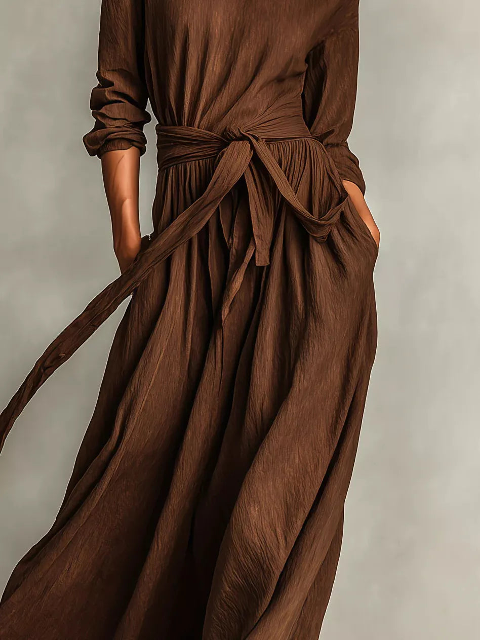 Full Size Long Sleeve Tie Waist Maxi Dress Plus Size