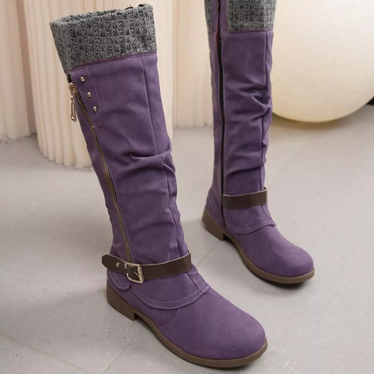 Knee High Slouch Boots with Knit Cuff