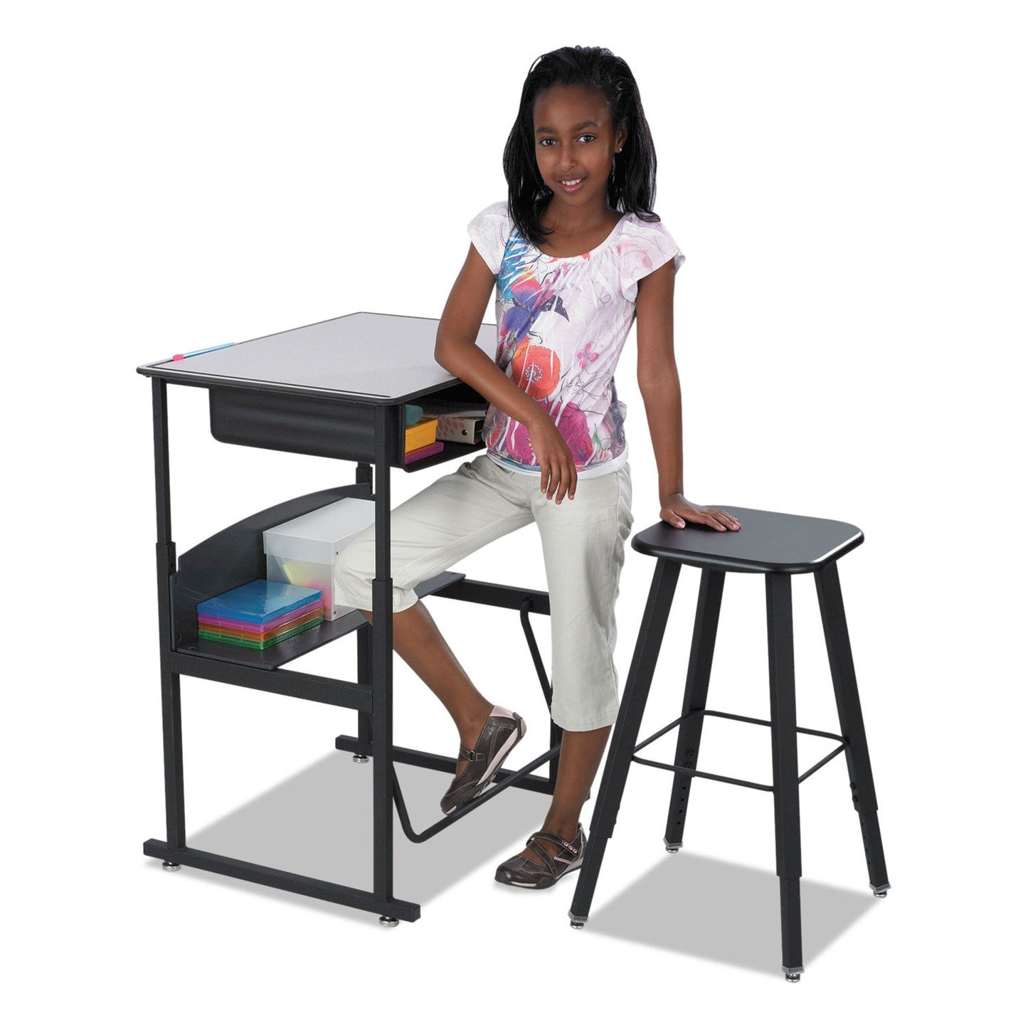 Safco AlphaBetter Adjustable-Height Student Stool, Backless, Supports Up to 250 lb, 35.5" Seat Height, Black