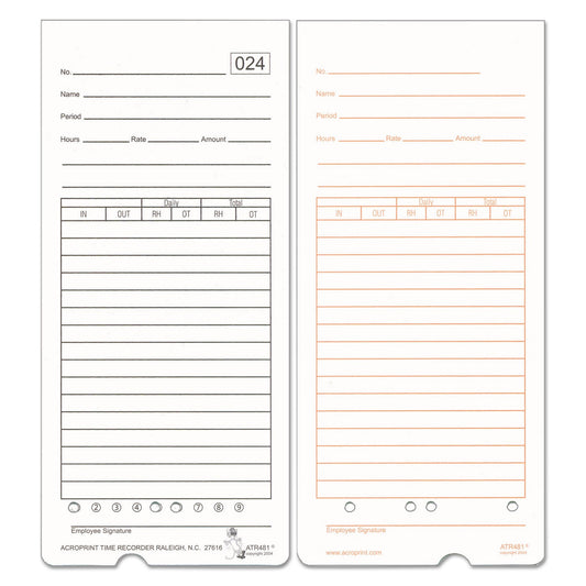 Acroprint Time Clock Cards for Acroprint ATR480, Two Sides, 7.5 x 3.35, 50/Pack