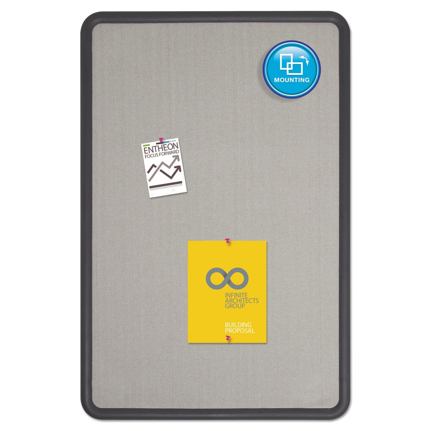 Quartet Contour Fabric Bulletin Board, 36 x 24, Gray Surface, Black Plastic Frame