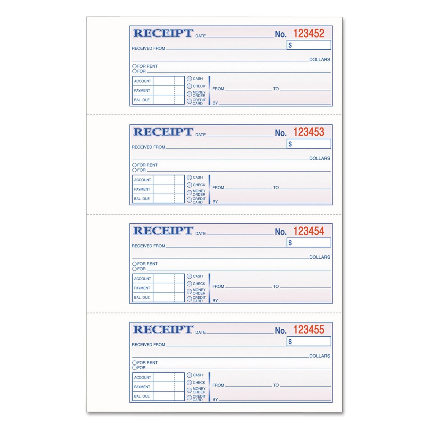 Adams TOPS 3-Part Hardbound Receipt Book, Three-Part Carbonless, 7 x 2.75, 4/Page, 200 Forms
