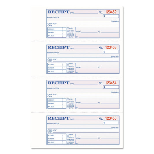 Adams TOPS 3-Part Hardbound Receipt Book, Three-Part Carbonless, 7 x 2.75, 4/Page, 200 Forms