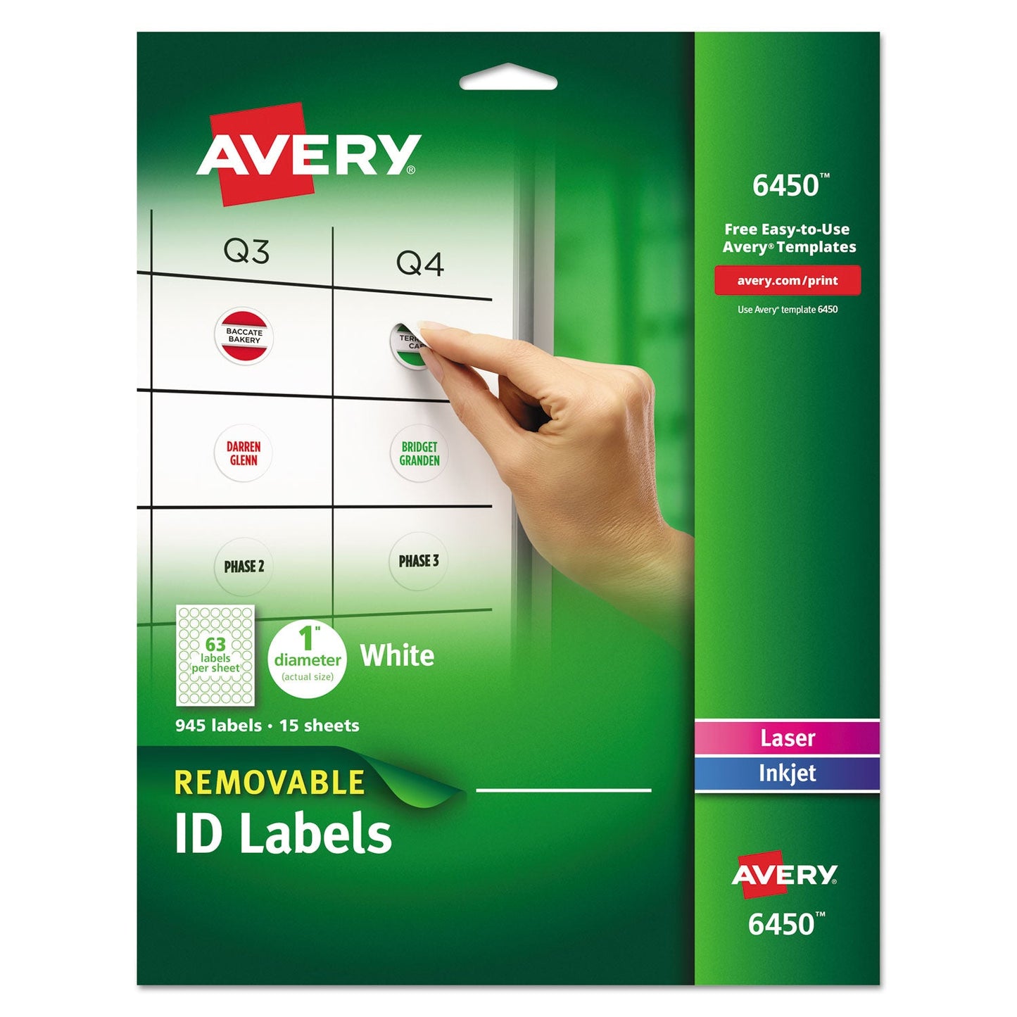 Avery Removable Multi-Use Labels, Inkjet/Laser Printers, 1" dia, White, 63/Sheet, 15 Sheets/Pack