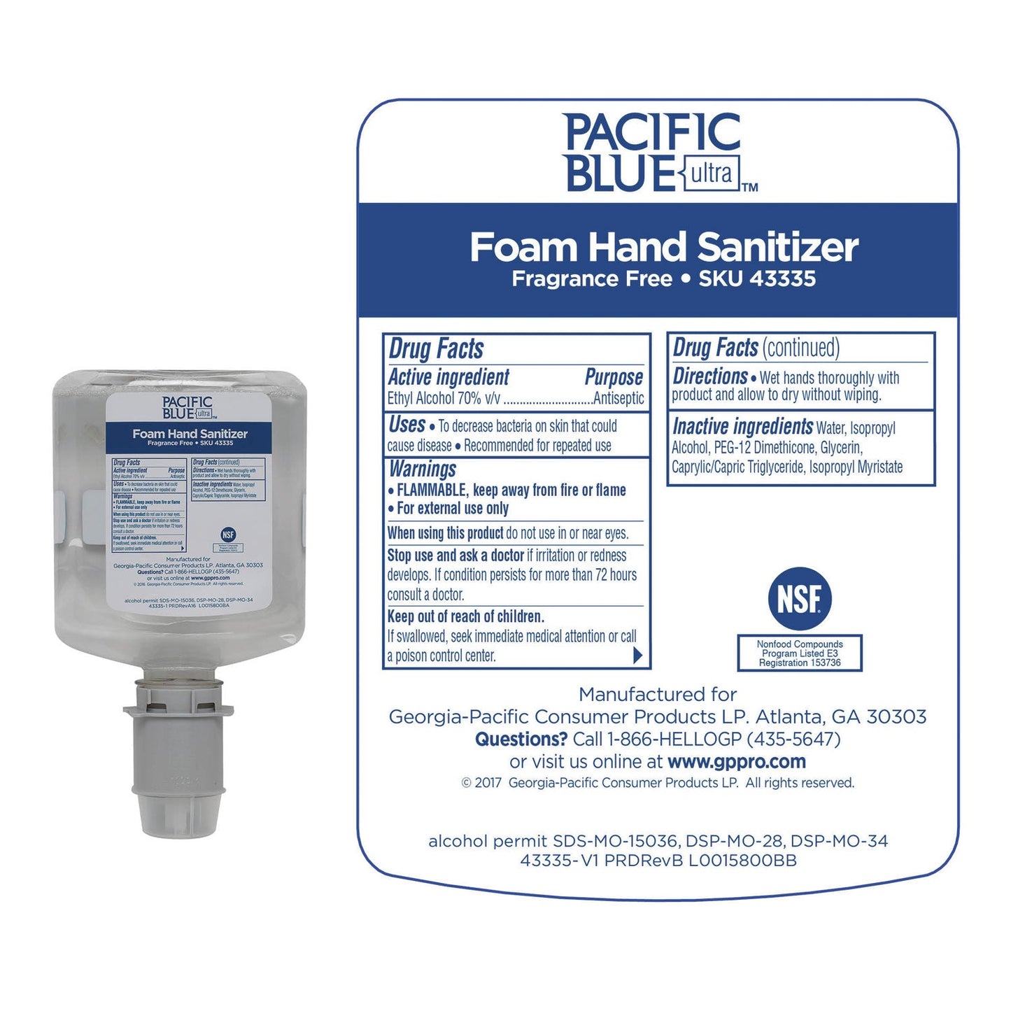 Georgia Pacific Pacific Blue Ultra Foam Hand Sanitizer Refill For Manual Dispensers, 1,000 mL, Fragrance-Free, 4/Carton