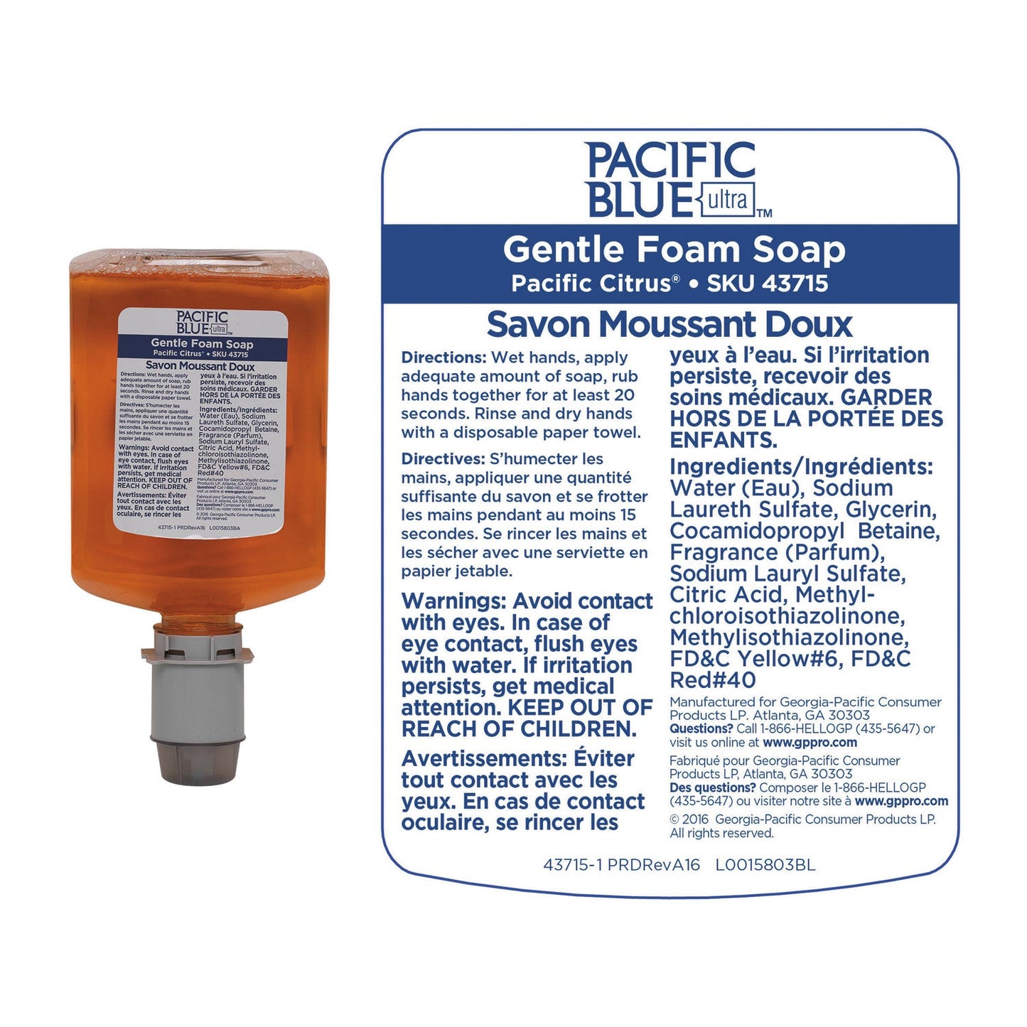Georgia Pacific Pacific Blue Ultra Foam Soap Manual Dispenser Refill, Pacific Citrus, 1,200 mL, 4/Carton