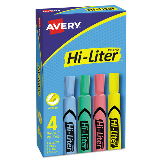 Avery HI-LITER Desk-Style Highlighters, Assorted Ink Colors, Chisel Tip, Assorted Barrel Colors, 4/Set