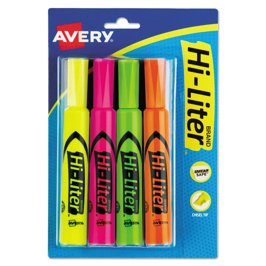 Avery HI-LITER Desk-Style Highlighters, Assorted Ink Colors, Chisel Tip, Assorted Barrel Colors, 4/Set
