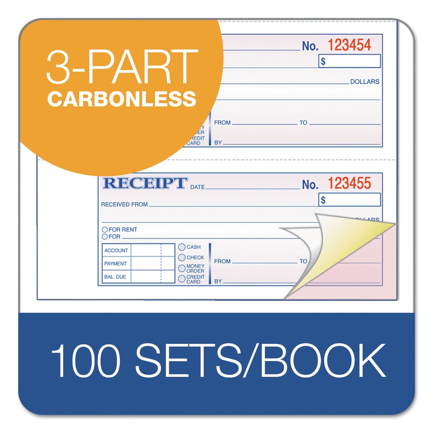 Adams Receipt Book, Three-Part Carbonless, 7.19 x 11, 4/Page, 100 Forms