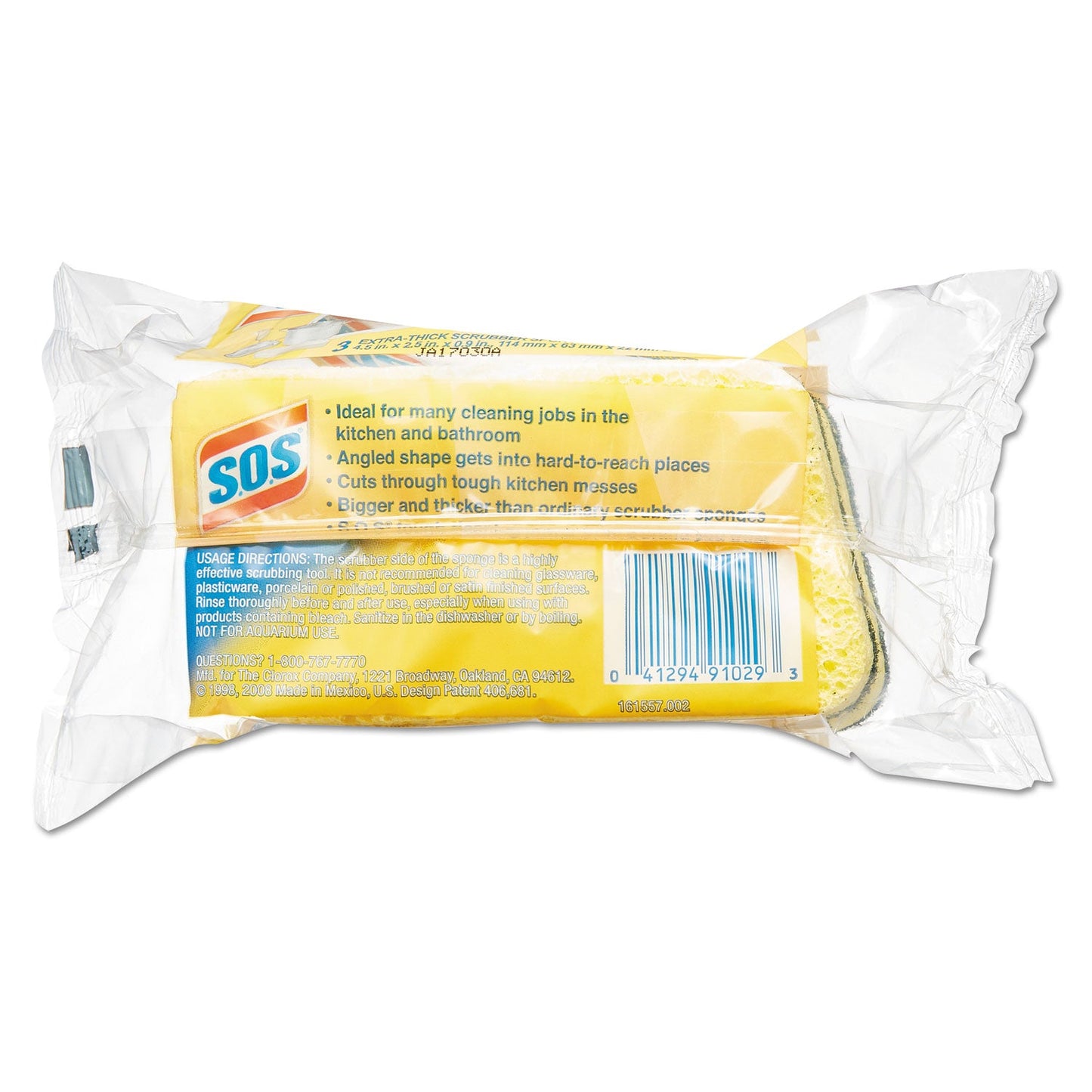 S.O.S. Heavy Duty Scrubber Sponge, 2.5 x 4.5, 0.9" Thick, Yellow/Green, 3/Pack, 8 Packs/Carton