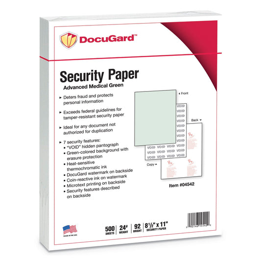 DocuGard Medical Security Papers, 24 lb Bond Weight, 8.5 x 11, Green, 500/Ream
