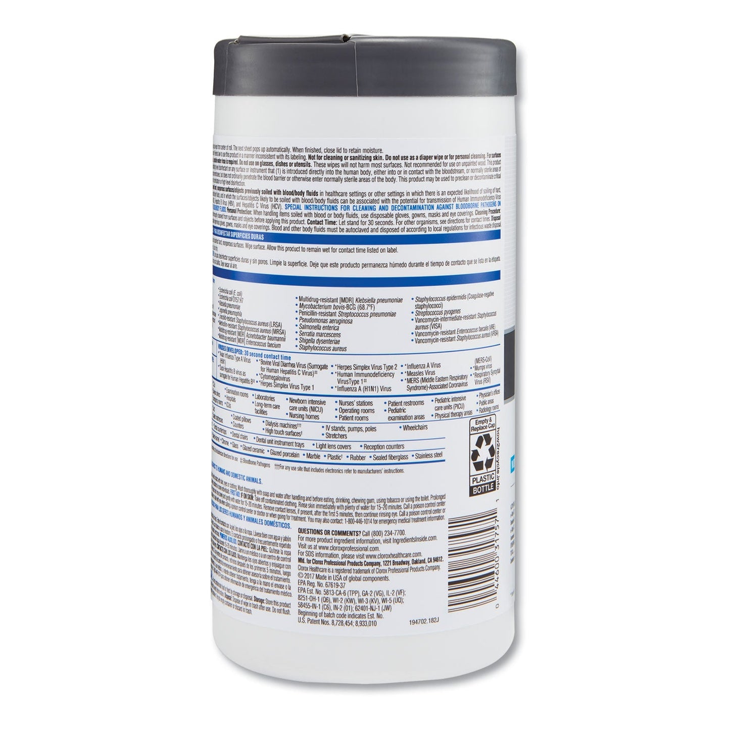Clorox VersaSure Cleaner Disinfectant Wipes, 1-Ply, 8 x 6.75, White, 85 Towels/Can