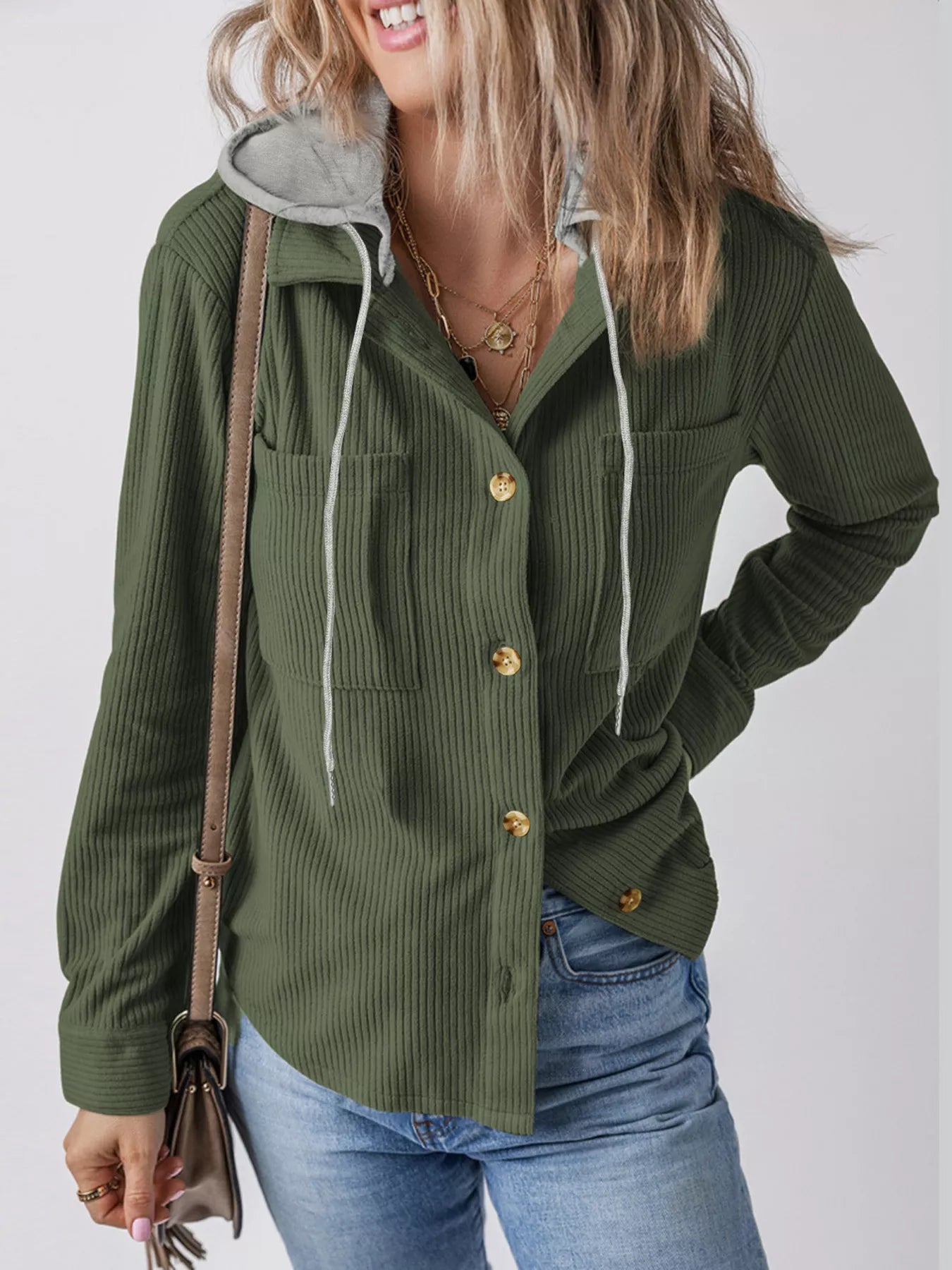 Hooded Corduroy Button-Down Jacket