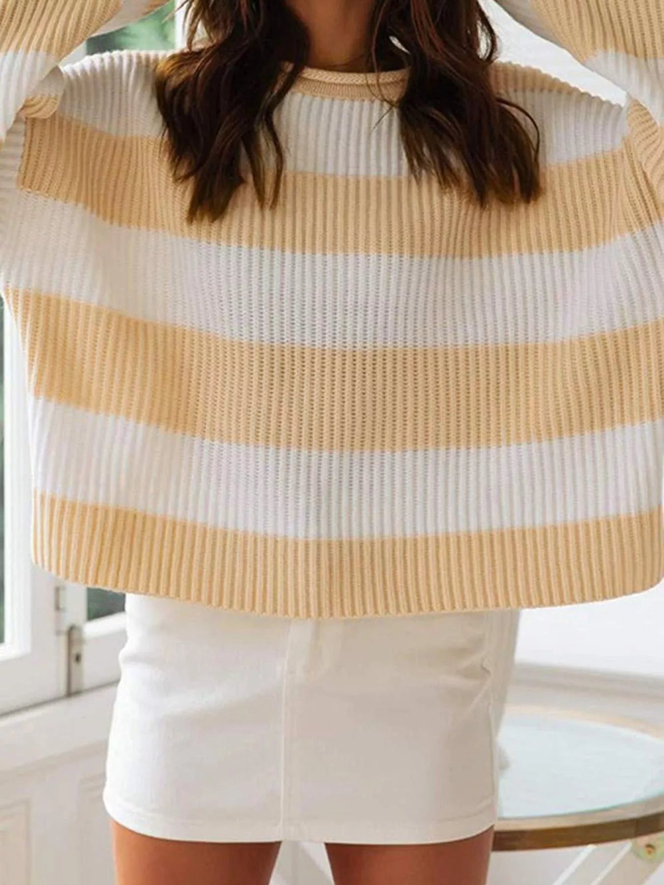 Full Size Contrast Striped Round Neck Sweater Plus Size
